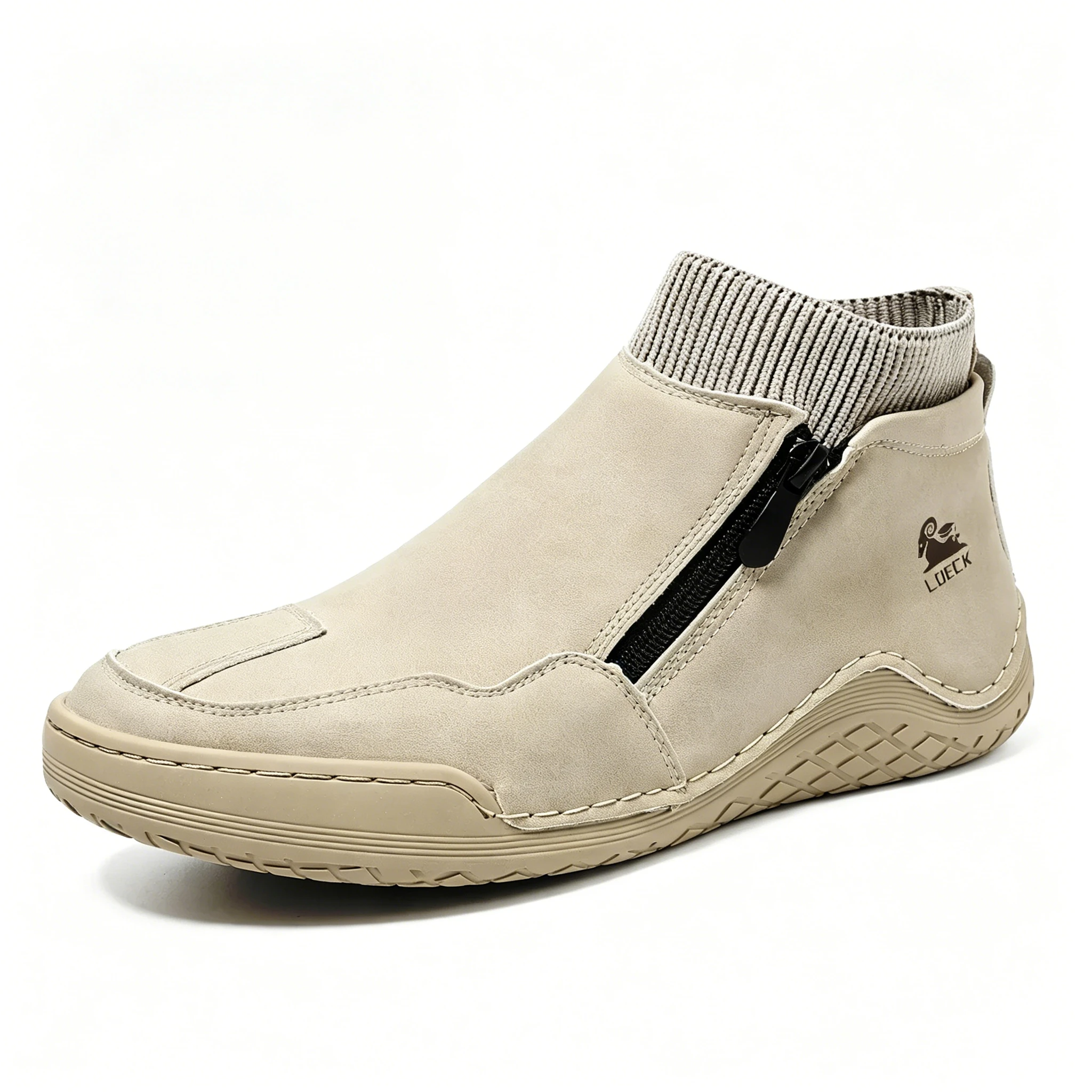 Tan Leather Knit-Collar - Ailongcity® Zip-Up Ankle Boots: Fusion of Style and Comfort with Rugged Traction for Urban Explorers