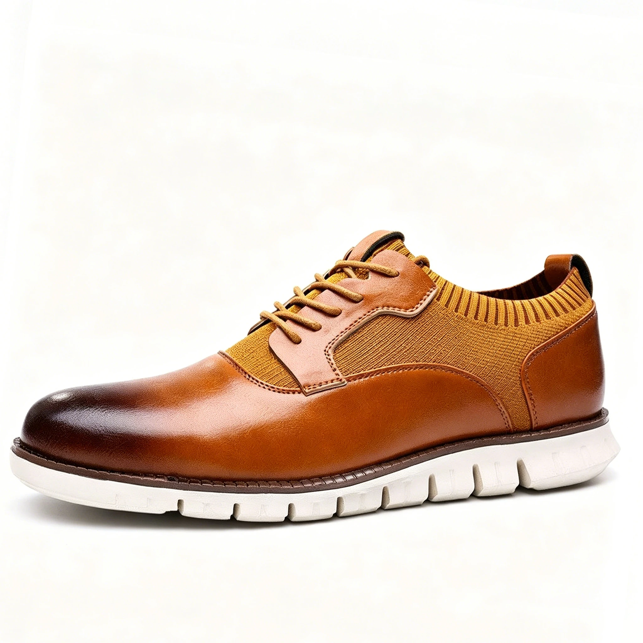 Tan Knit-Leather Hybrid Dress Sneakers: Sophistication Meets Sporty Comfort Casual Oxford Lace Up Dress Shoes