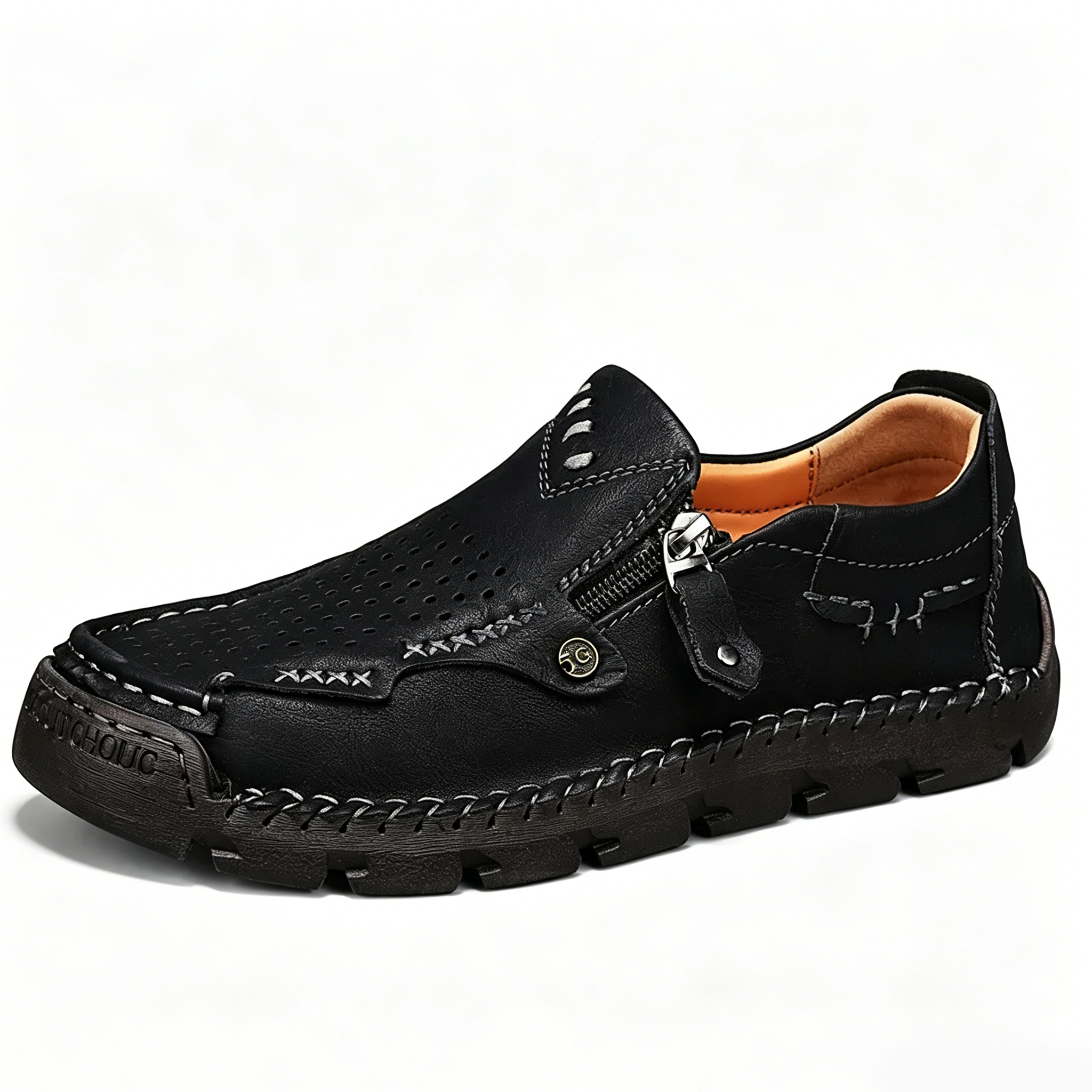 Brown Perforated Zippered - Ailongcity® Casual Leather Shoes Artisan Craftsmanship with Breathable Effortless Style
