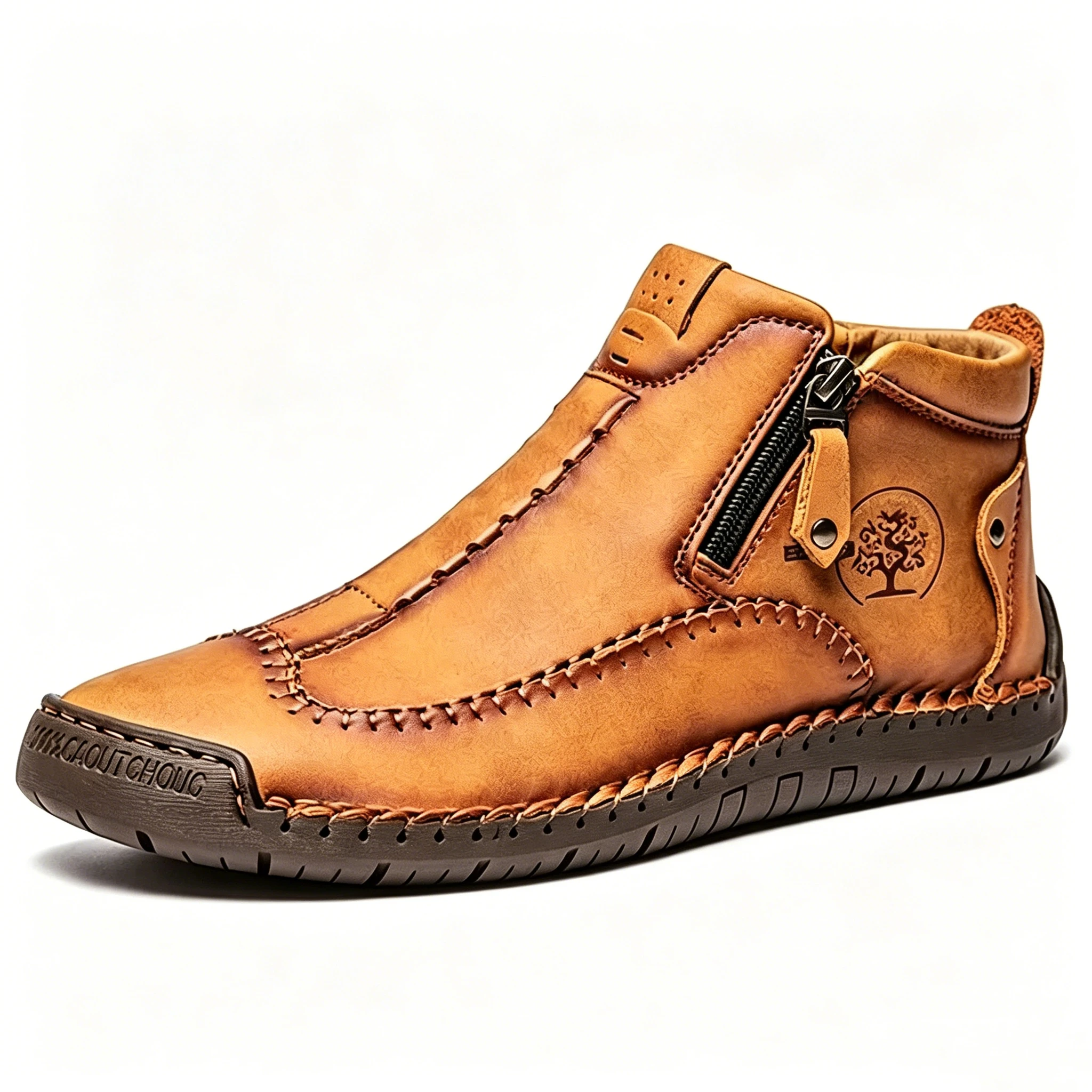 Tan Artisan - Ailongcity® Zippered Ankle Boots: Handcrafted Style with Functional Ease