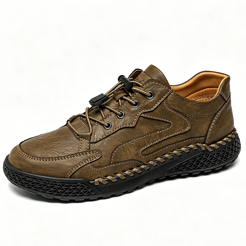 Rugged - Ailongcity®Tan Leather Lace-Up Casual Shoes Rugged Style with Secure Fit for Everyday and Outdoor Explorations