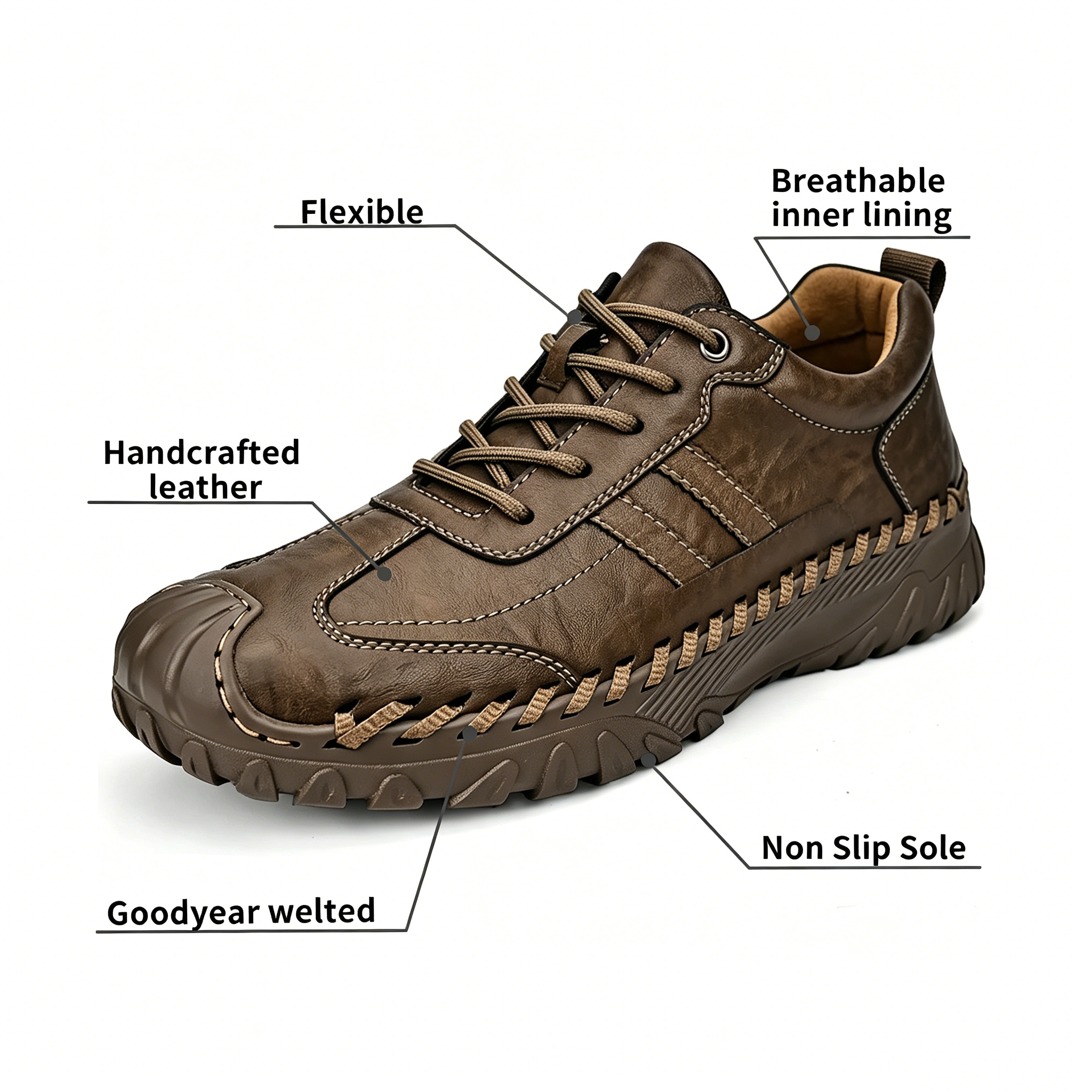 Hand-stitched - Ailongcity® Lace-Up Outdoor Brown  Shoes: Rugged Craftsmanship for Everyday Exploration