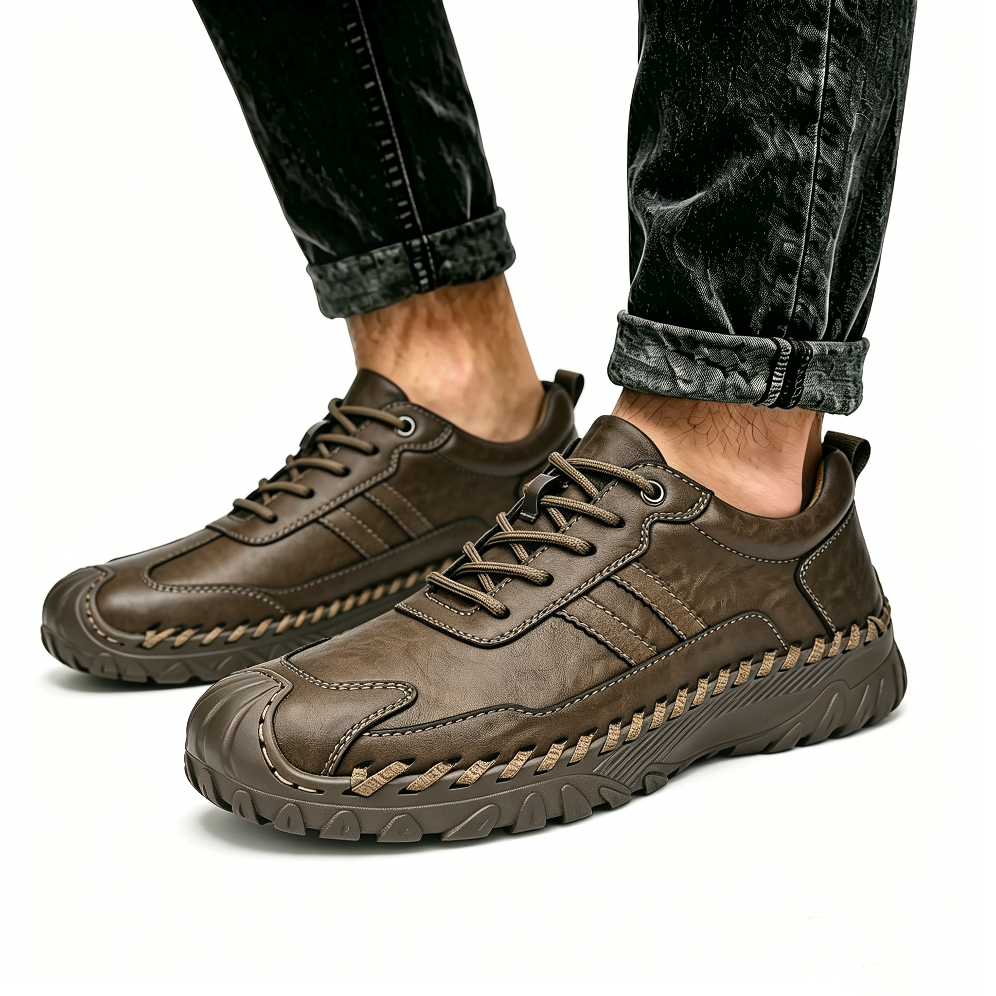 Hand-stitched - Ailongcity® Lace-Up Outdoor Brown  Shoes: Rugged Craftsmanship for Everyday Exploration