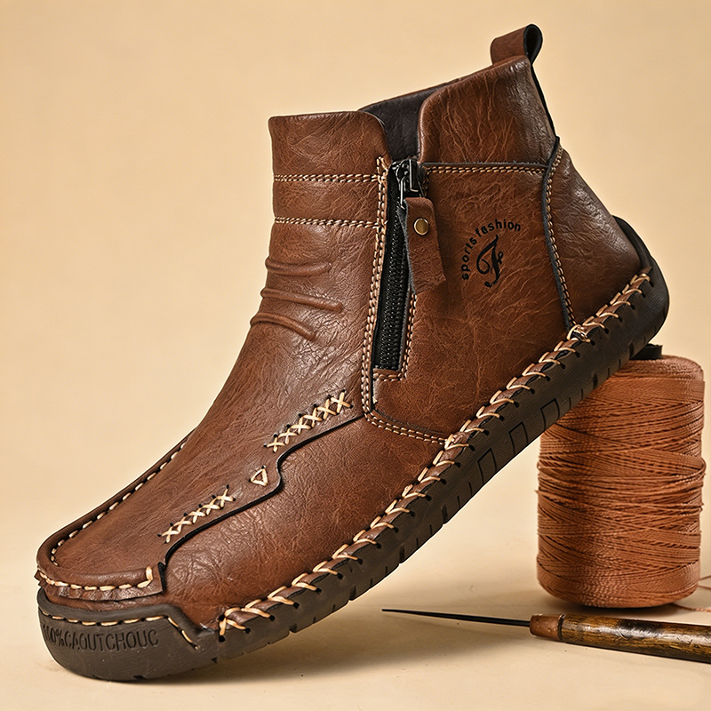 Artisan Craftsmanship(Unisex) - Ailongcity®Tan Leather Hand-Stitched Zip-Up Ankle Boots Artisan Craftsmanship with Stylish Functionality for Urban and Outdoor Adventures