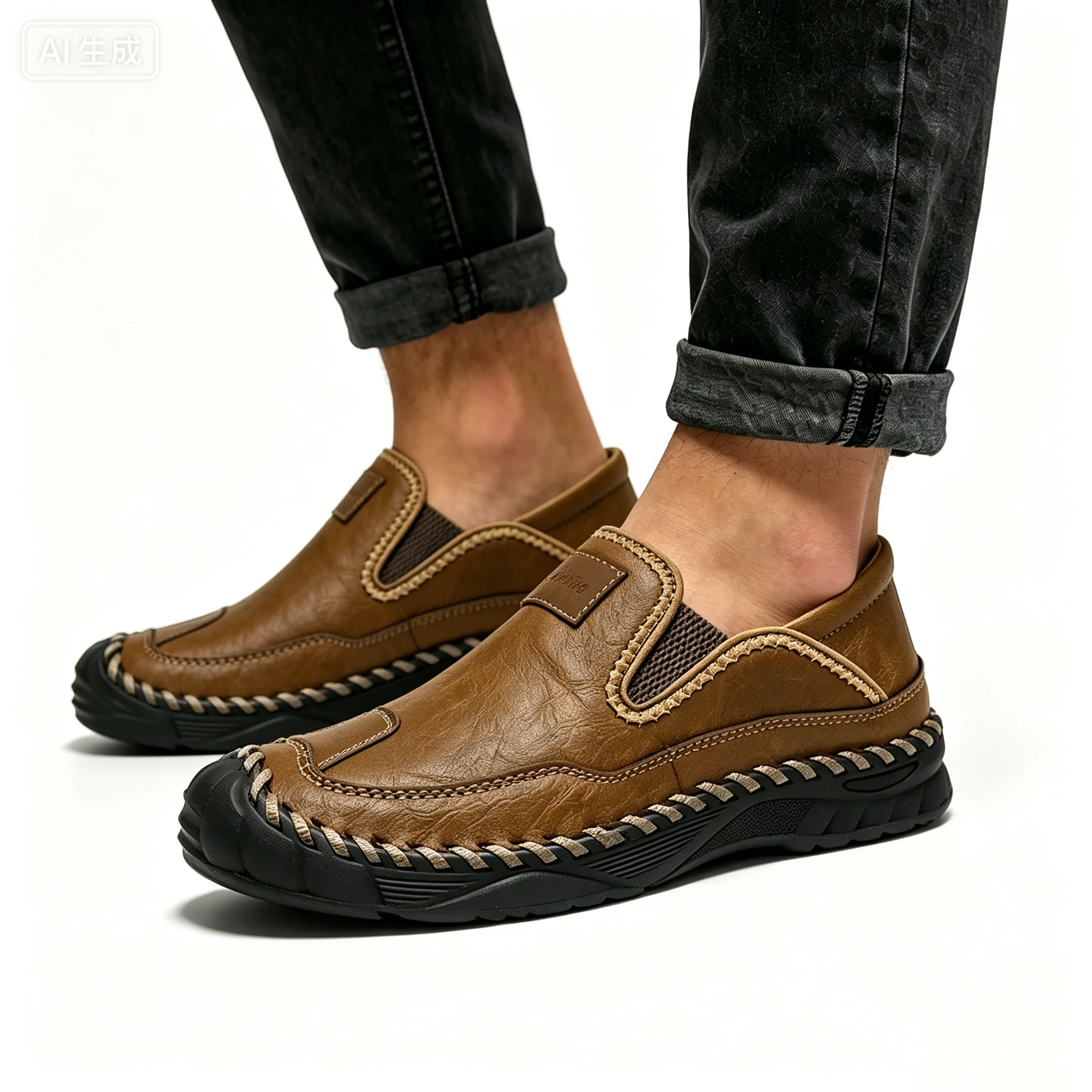 Tan Leather Hand-Stitched - Ailongcity® Slip-On Casual Shoes: Artisan Craftsmanship with Rugged Comfort for Everyday and Outdoor Wear