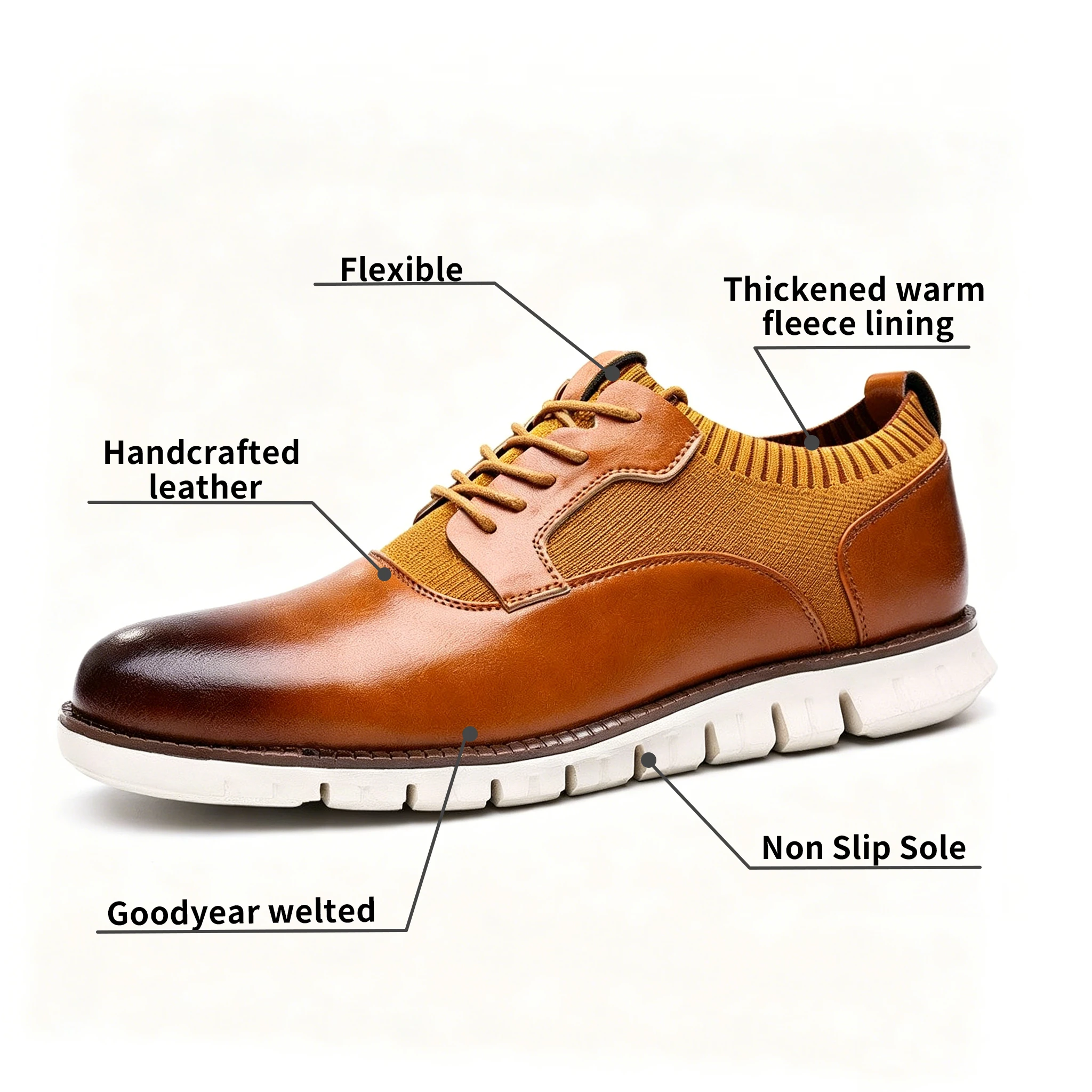 Tan Knit-Leather Hybrid Dress Sneakers: Sophistication Meets Sporty Comfort Casual Oxford Lace Up Dress Shoes
