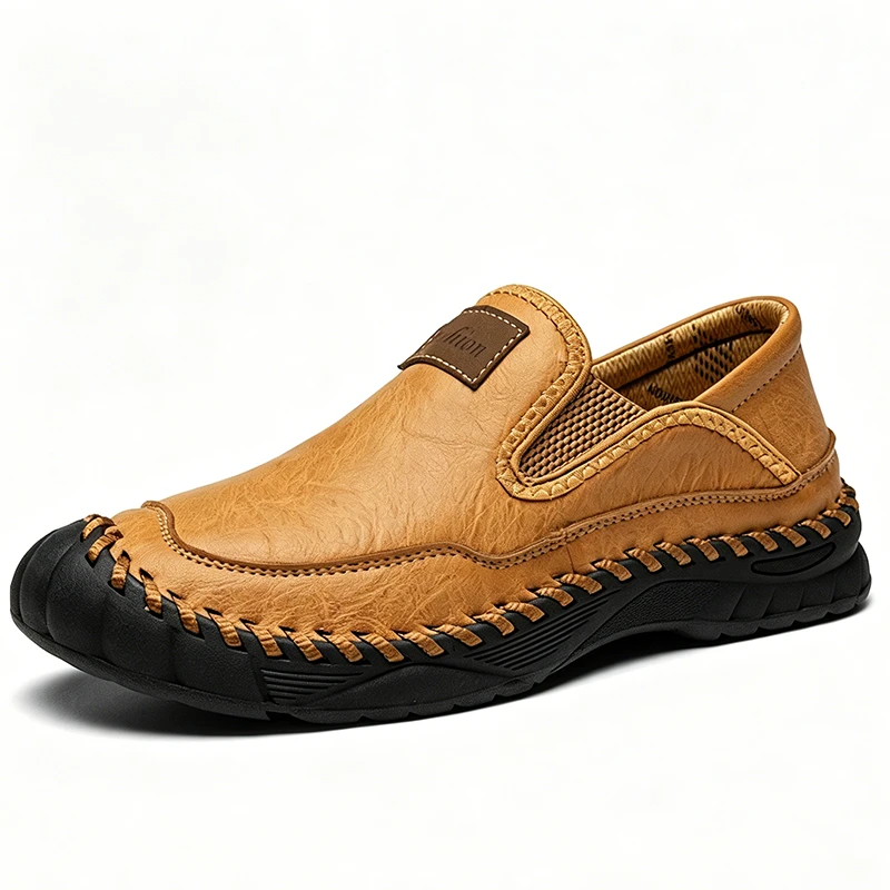 Tan Leather Hand-Stitched - Ailongcity® Slip-On Casual Shoes: Artisan Craftsmanship with Rugged Comfort for Everyday and Outdoor Wear