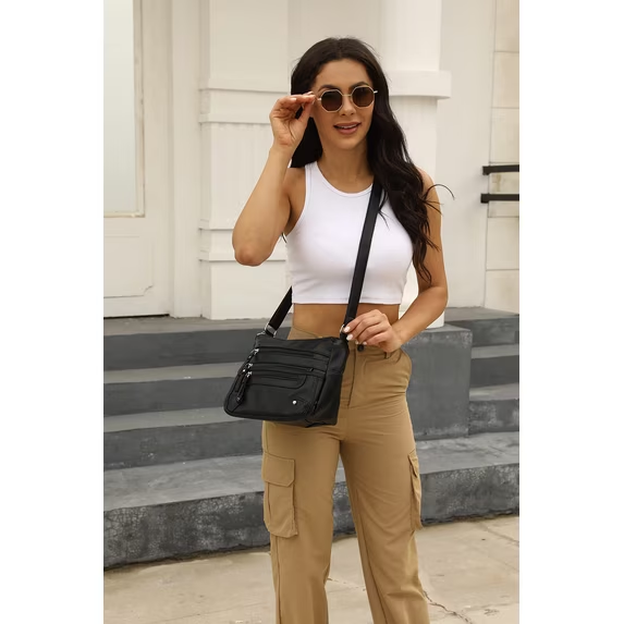 10 Pockets Crossbody Purses for Women Medium Pocketbooks Lightweight Ladies Satchel Bag Multi Pocket Shoulder Handbag