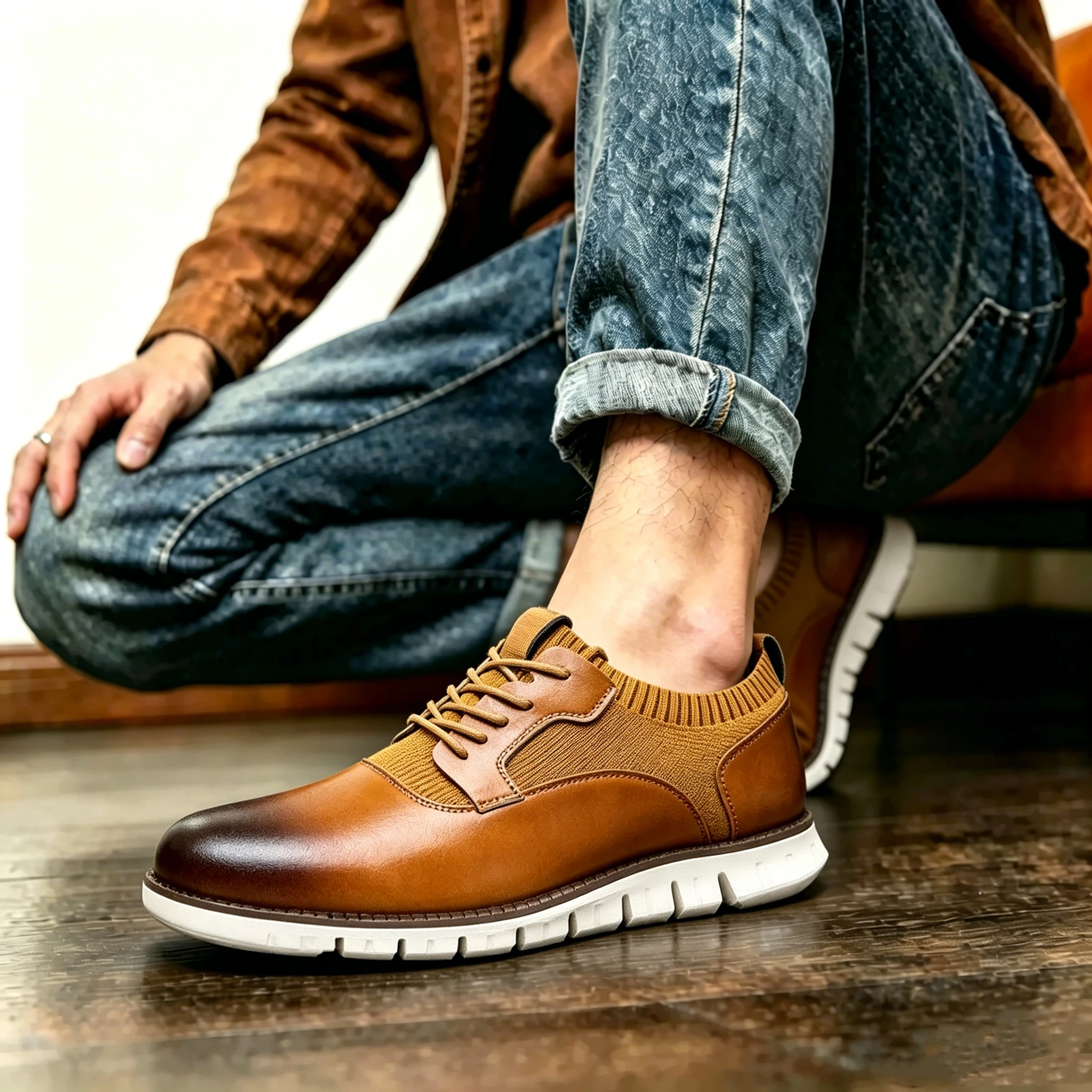 Tan Knit-Leather Hybrid Dress Sneakers: Sophistication Meets Sporty Comfort Casual Oxford Lace Up Dress Shoes