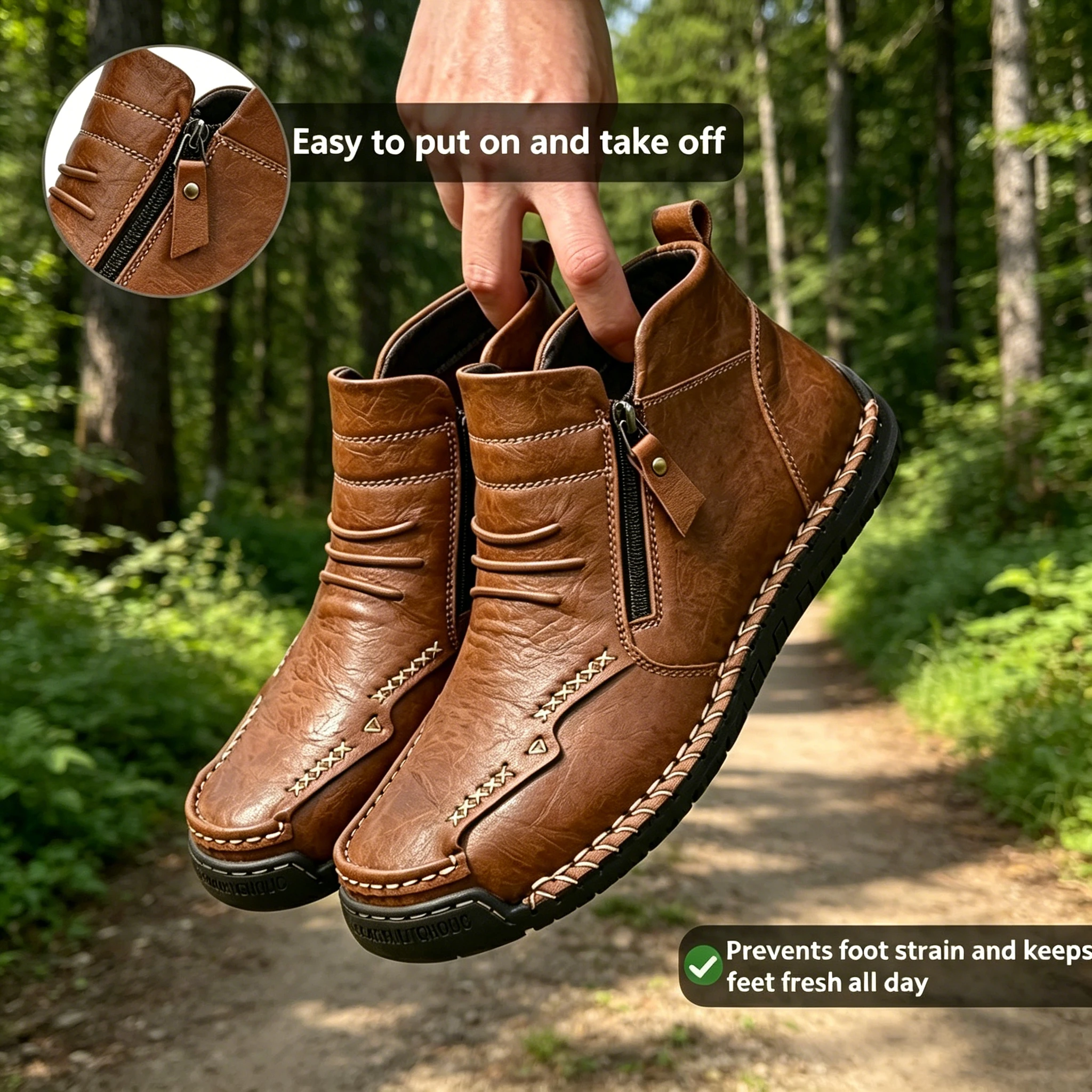 Artisan Craftsmanship(Unisex) - Ailongcity®Tan Leather Hand-Stitched Zip-Up Ankle Boots Artisan Craftsmanship with Stylish Functionality for Urban and Outdoor Adventures