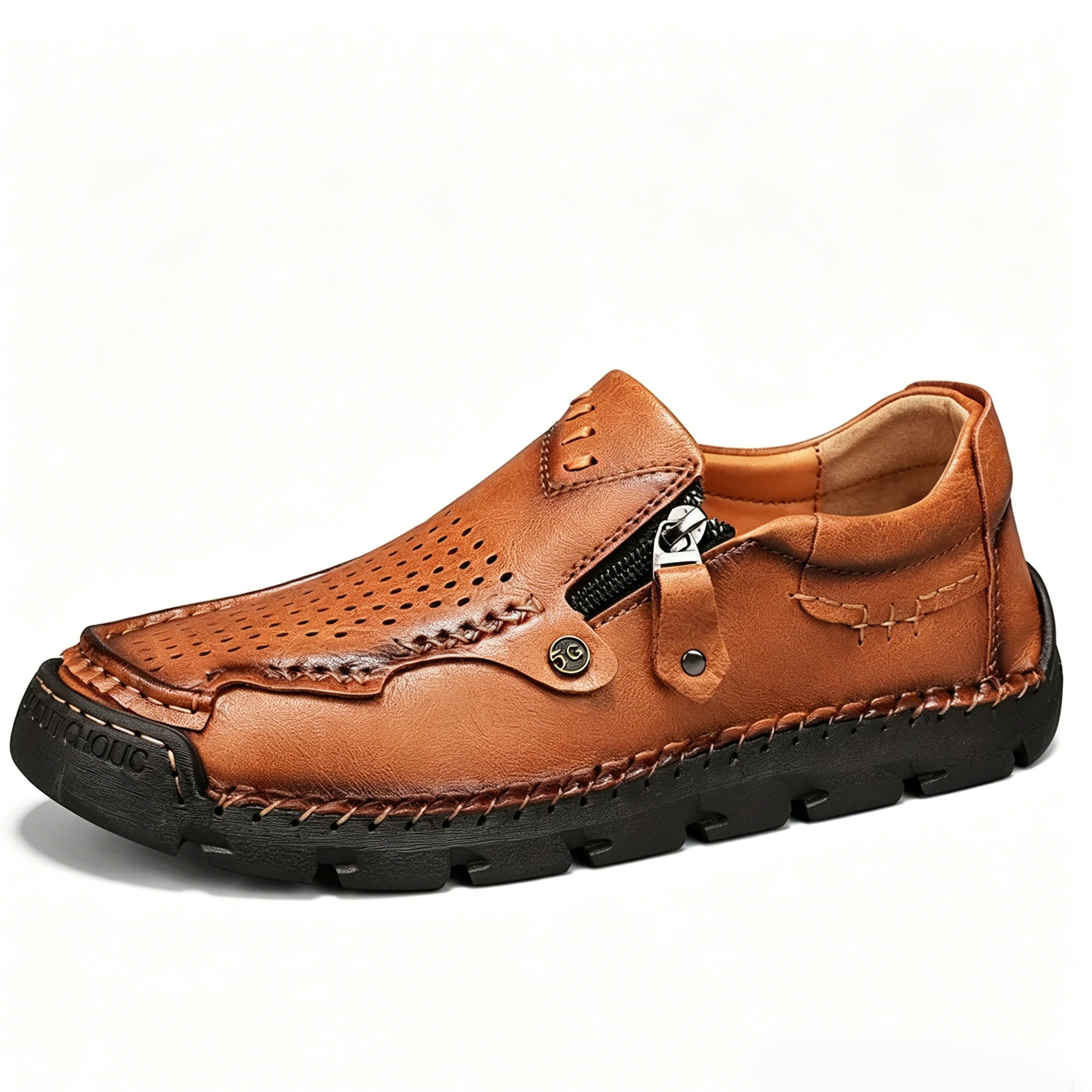 Brown Perforated Zippered - Ailongcity® Casual Leather Shoes Artisan Craftsmanship with Breathable Effortless Style