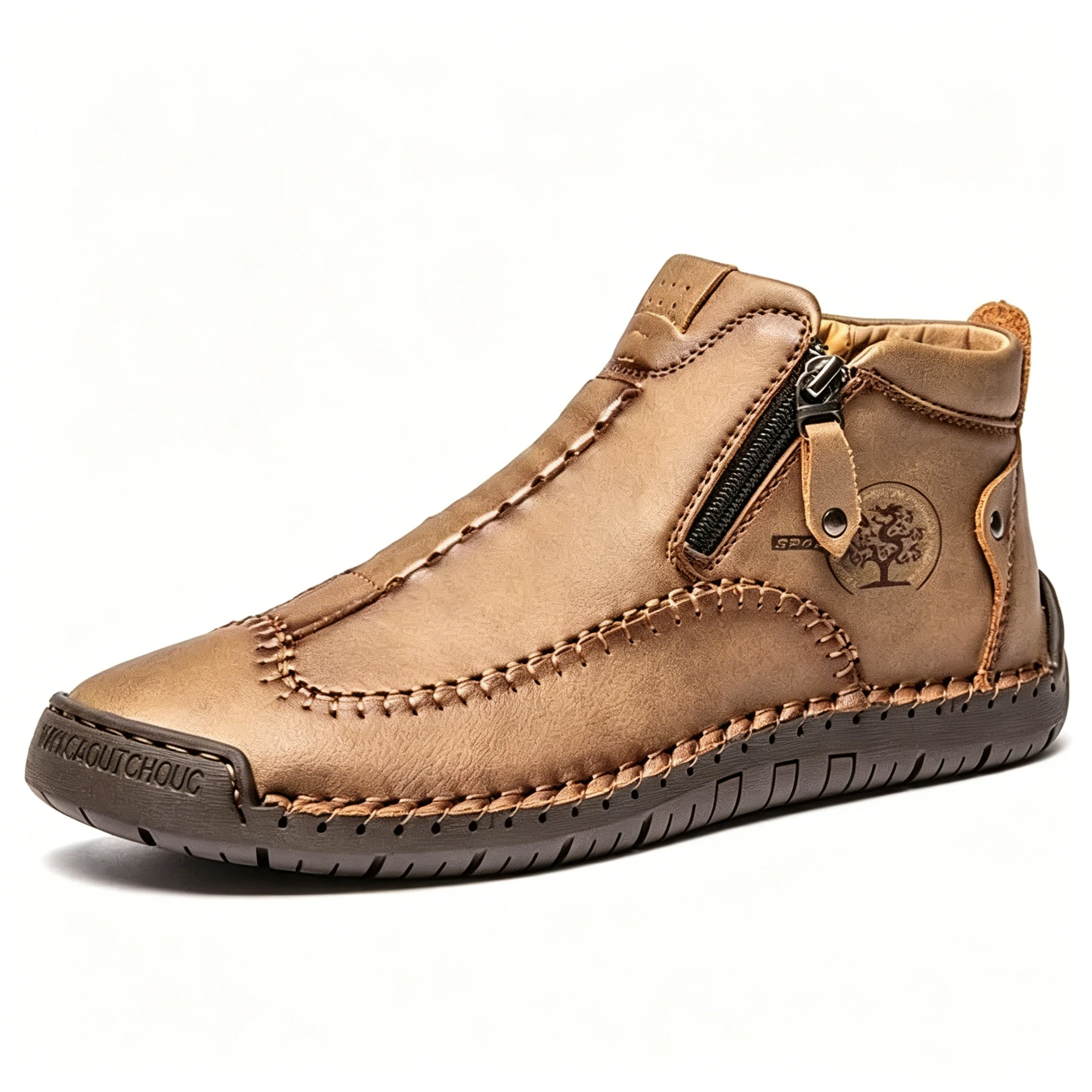 Tan Artisan - Ailongcity® Zippered Ankle Boots: Handcrafted Style with Functional Ease