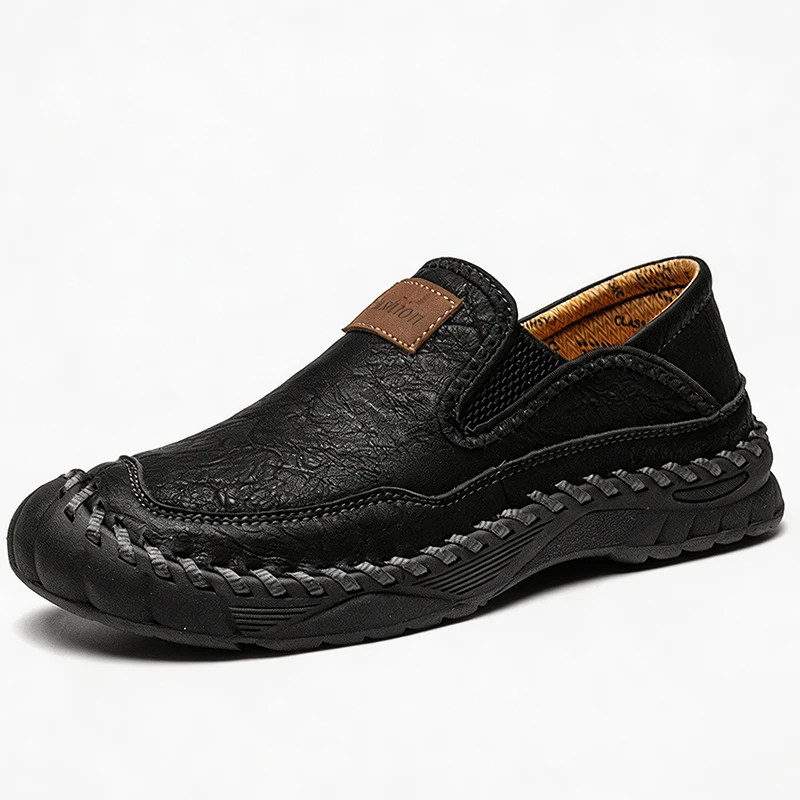 Tan Leather Hand-Stitched - Ailongcity® Slip-On Casual Shoes: Artisan Craftsmanship with Rugged Comfort for Everyday and Outdoor Wear