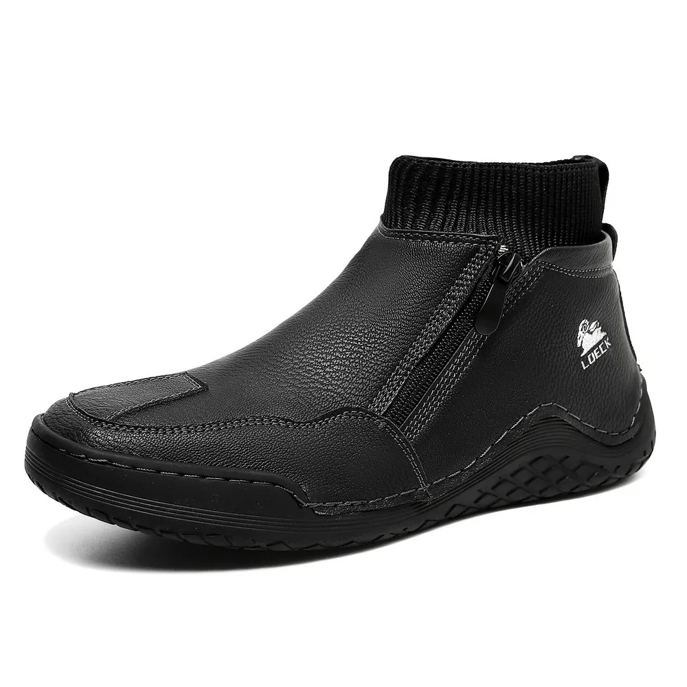 Ailongcity® Men's Handcrafted Genuine Leather Orthopedic Zipper Boots with Easy-Wear Knit Sock (Waterproof)