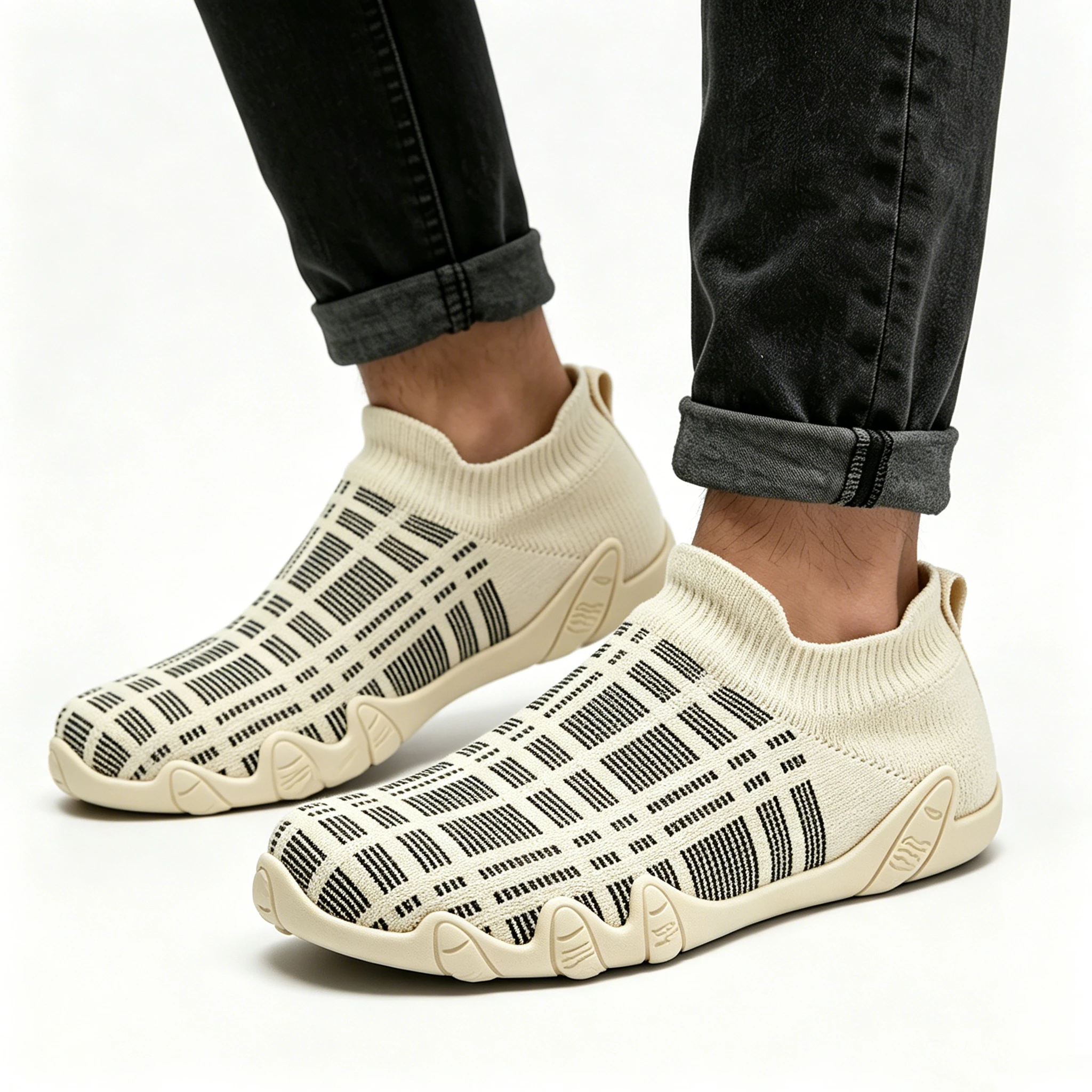 Beige Knit Patterned - Ailongcity® Slip-On Casual Sneakers: Adaptive Knit Comfort with Stylish Detailing for Everyday Versatility