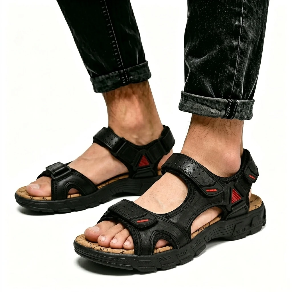 New Arrival – Ailongcity® Men‘s Breathable Top-Grain Leather Beach Sandals, Casual Slip-On for Summer Comfort