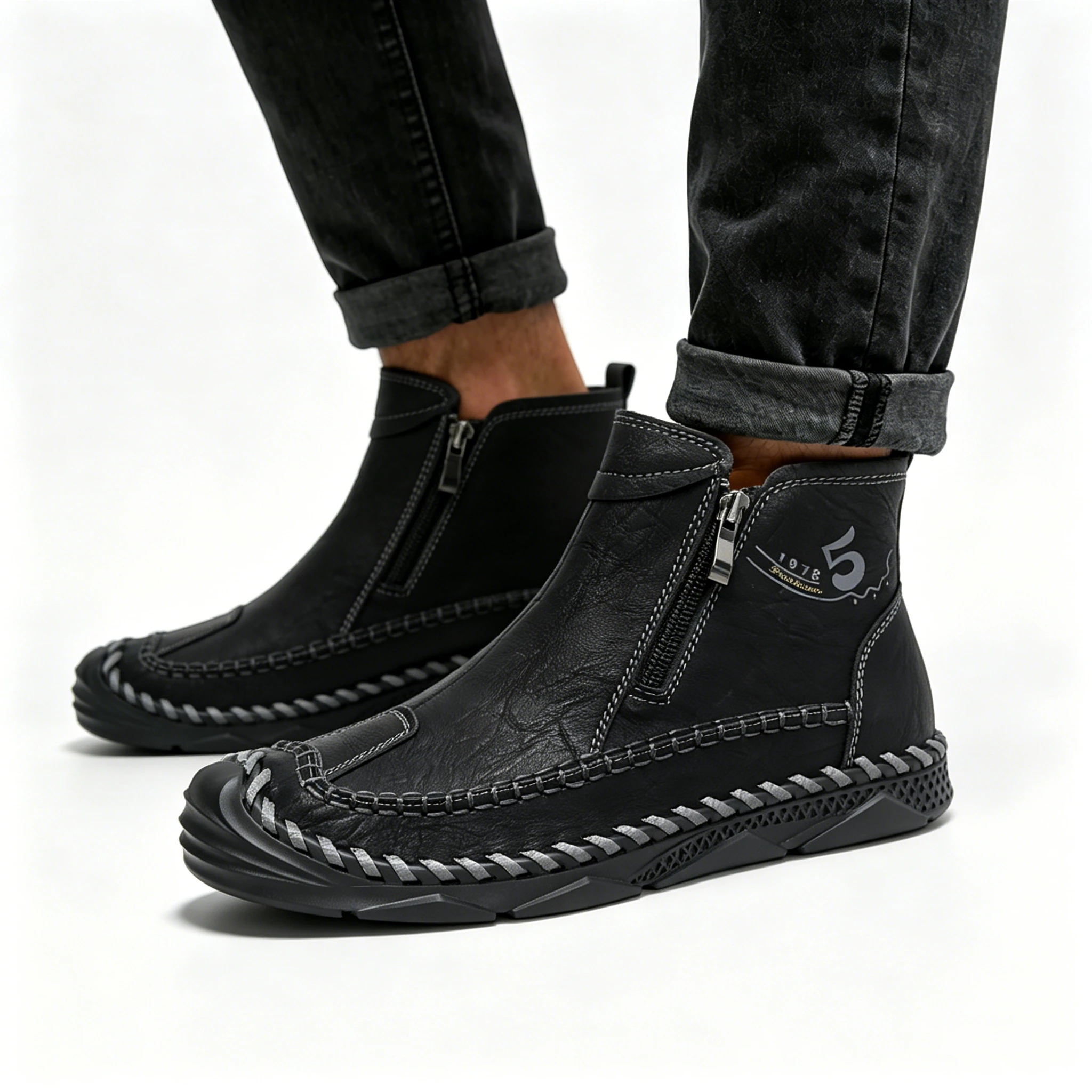 Tan Leather Hand-Stitched - Ailongcity® Zip-Up Ankle Boots: Artisan Craftsmanship with Timeless Style for Urban and Outdoor Explorations