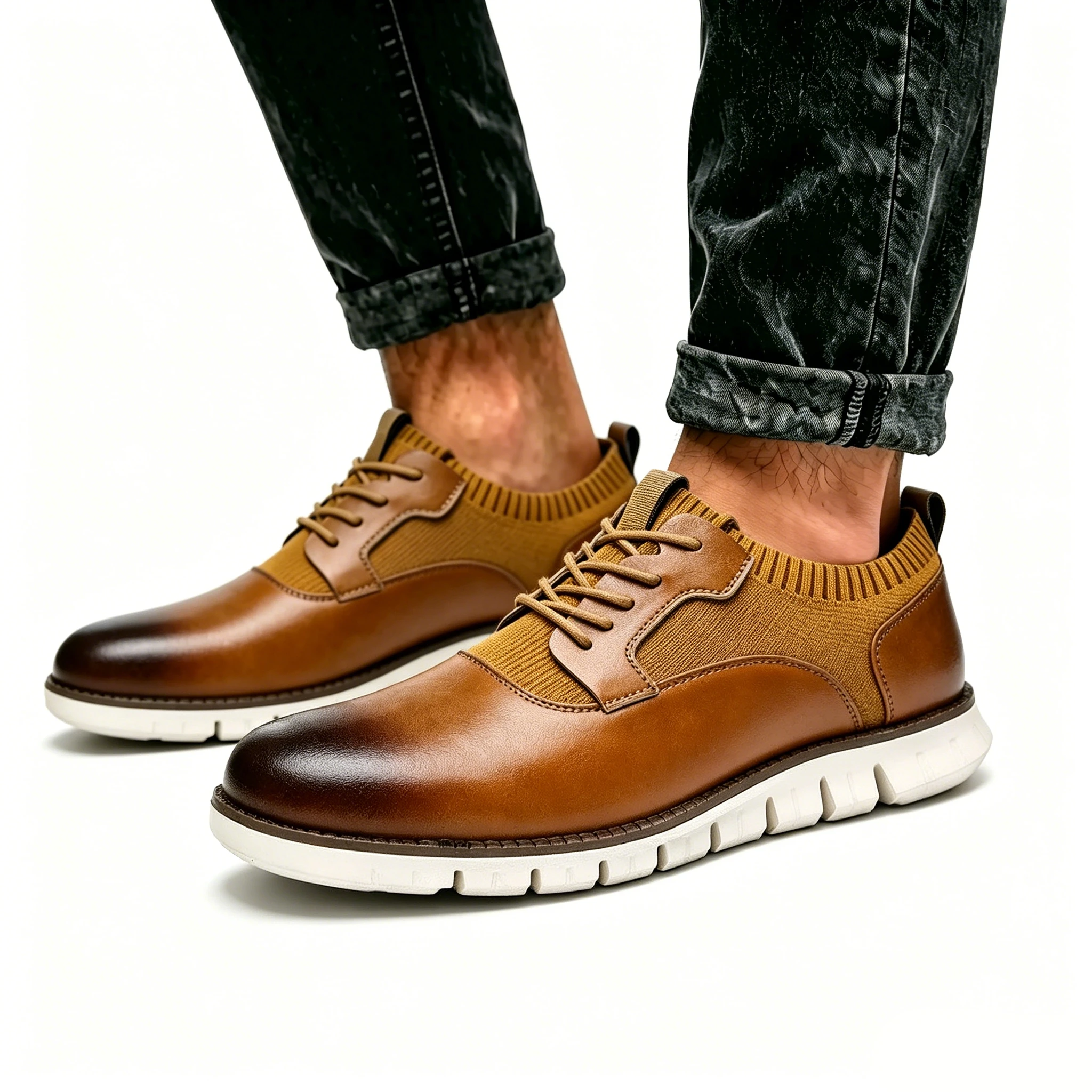 Tan Knit-Leather Hybrid Dress Sneakers: Sophistication Meets Sporty Comfort Casual Oxford Lace Up Dress Shoes
