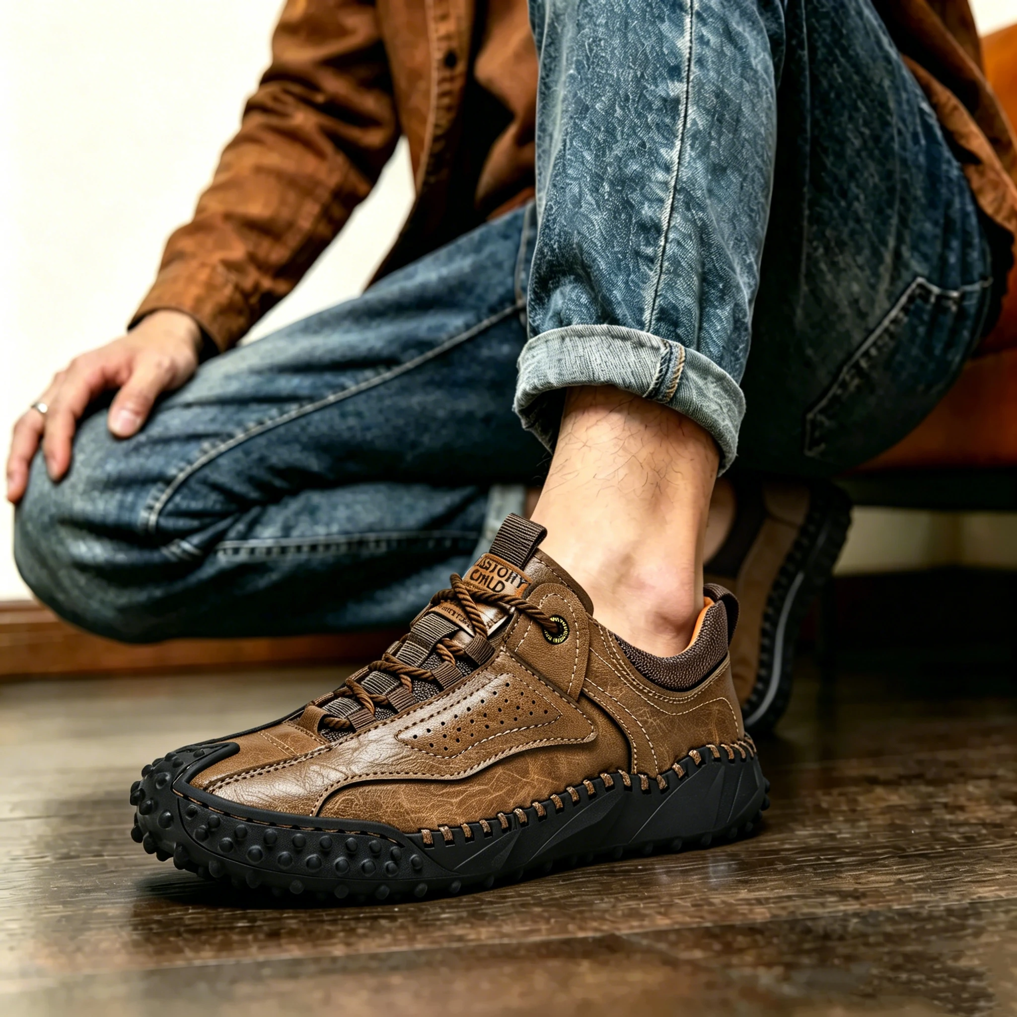 Rugged Grip - Ailongcity® Outdoor Brown Sneakers: Trail-Ready Toughness with Artisan Craftsmanship co-Friendly Leather Orthopedic Shoes