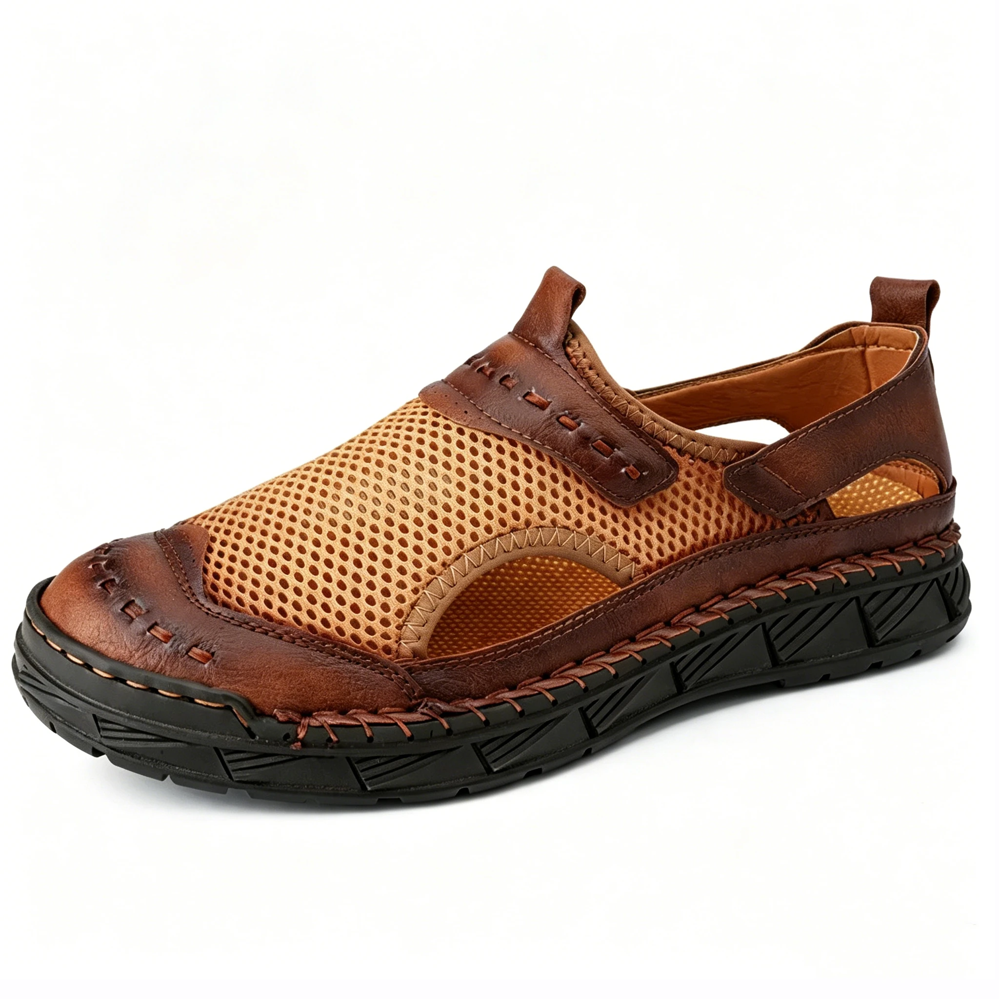 Tan Mesh-Leather Hybrid - Ailongcity® Outdoor Sandals: Breathable Craftsmanship for Summer Adventures