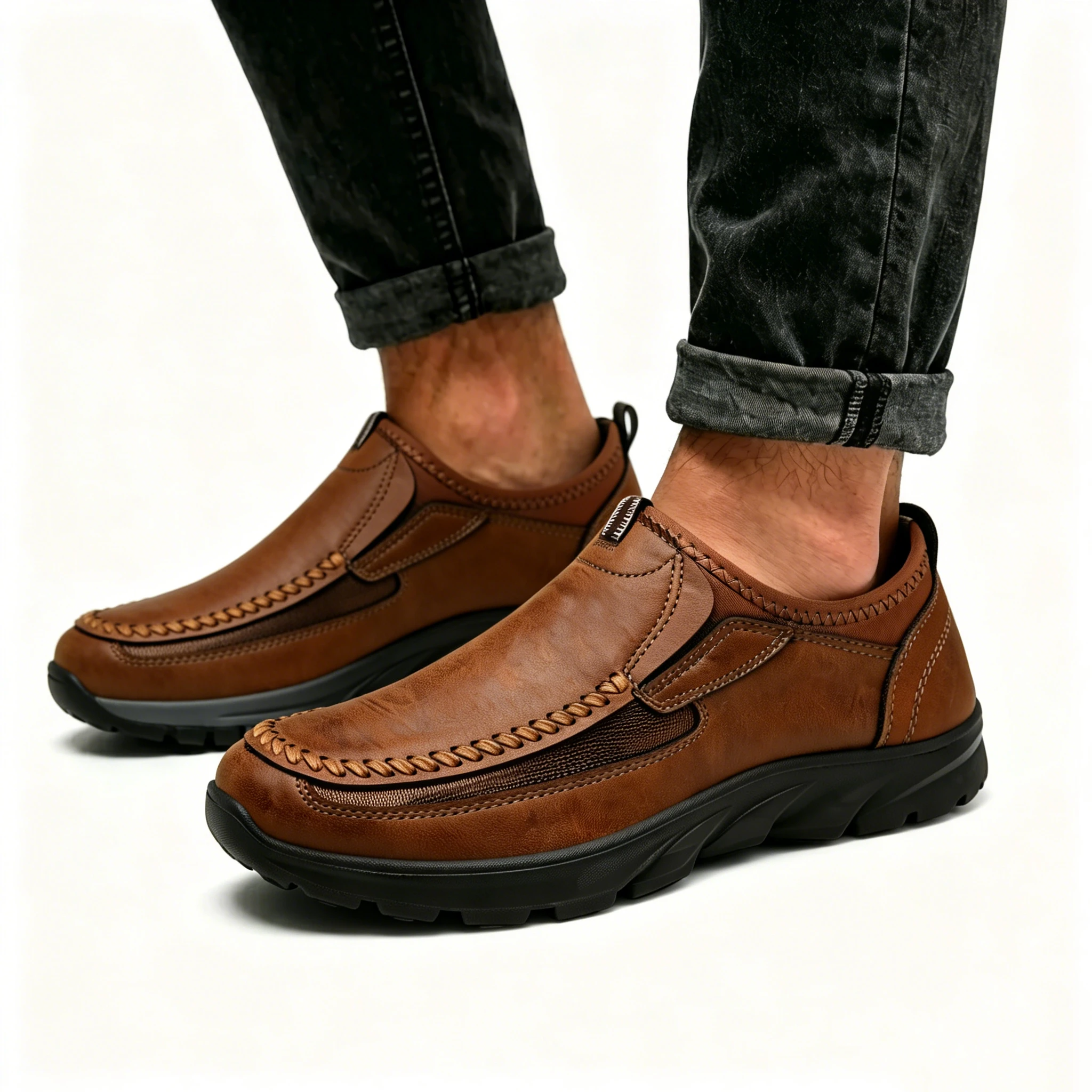 Tan Woven Accent - Ailongcity® Slip-On Casual Leather Shoes: Artisan Stitching with All-Day Comfort for Leisure Explorers