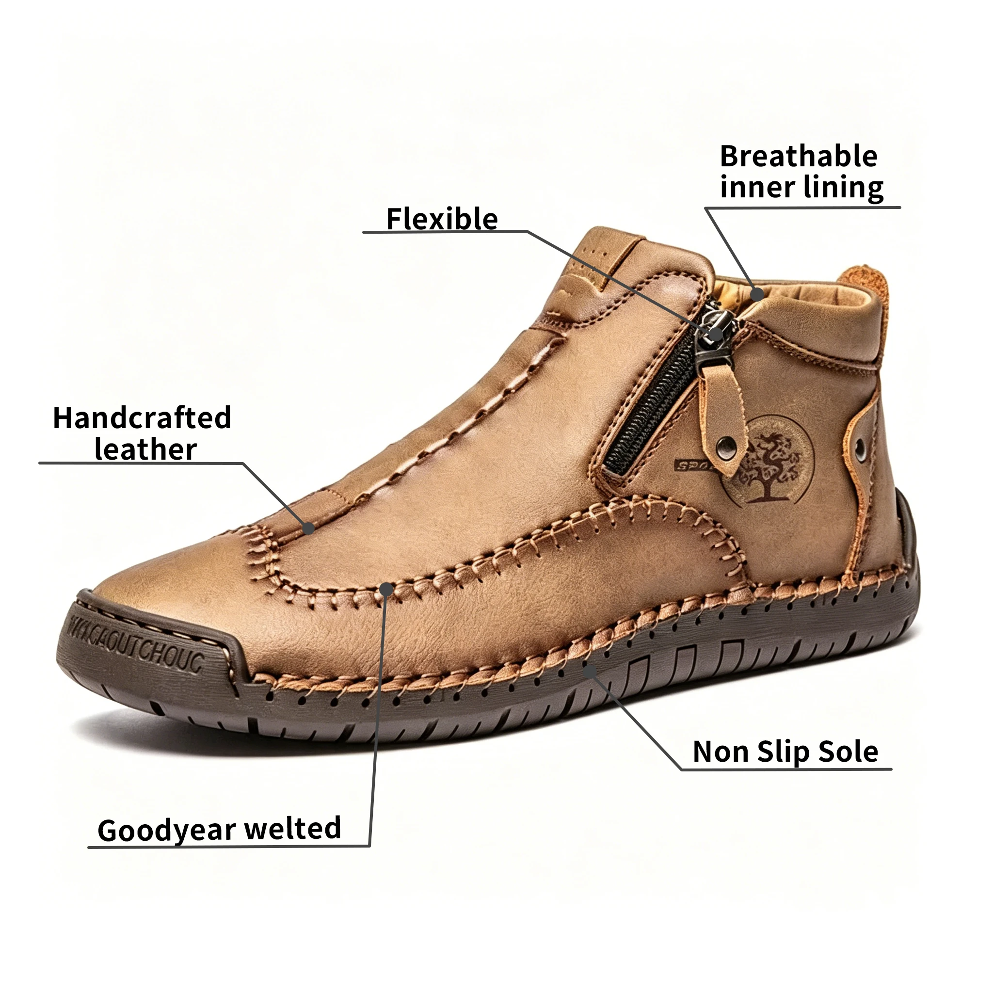 Tan Artisan - Ailongcity® Zippered Ankle Boots: Handcrafted Style with Functional Ease