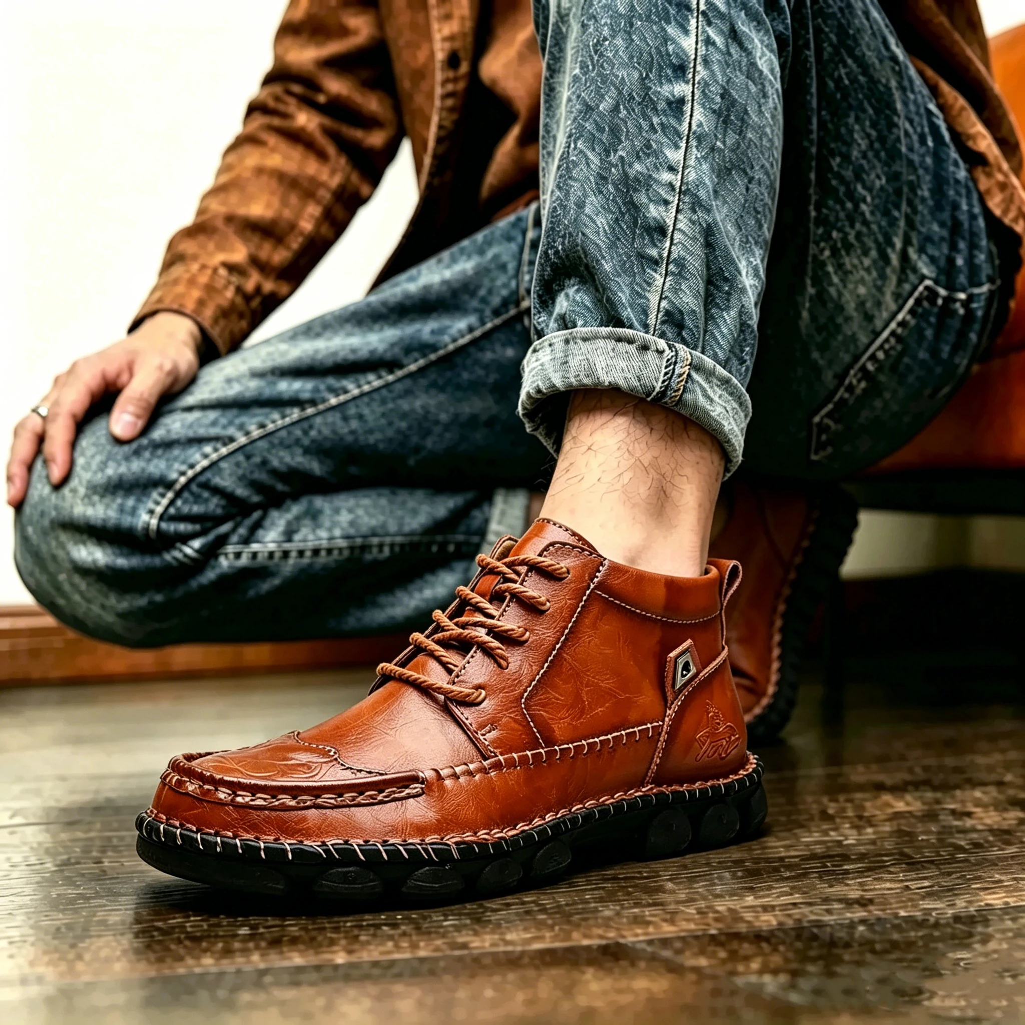 Tan Crafted - Ailongcity® Leather Lace-Up Ankle Boots Artisan Style Meets Durable Comfort