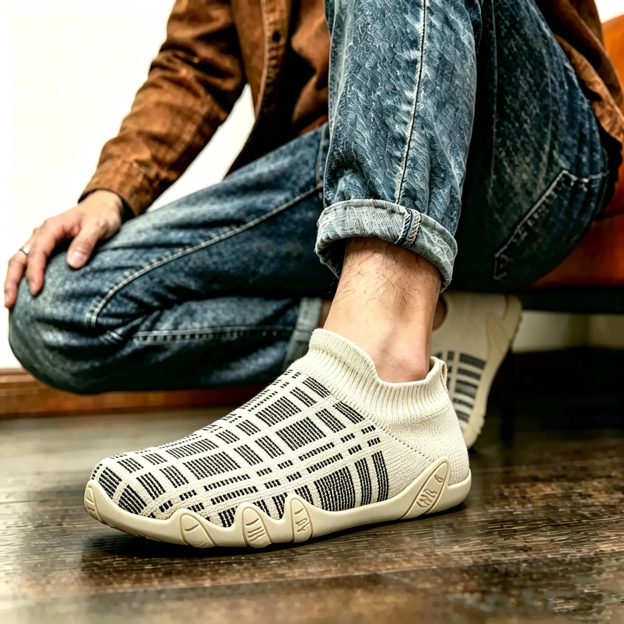Beige Knit Patterned - Ailongcity® Slip-On Casual Sneakers: Adaptive Knit Comfort with Stylish Detailing for Everyday Versatility