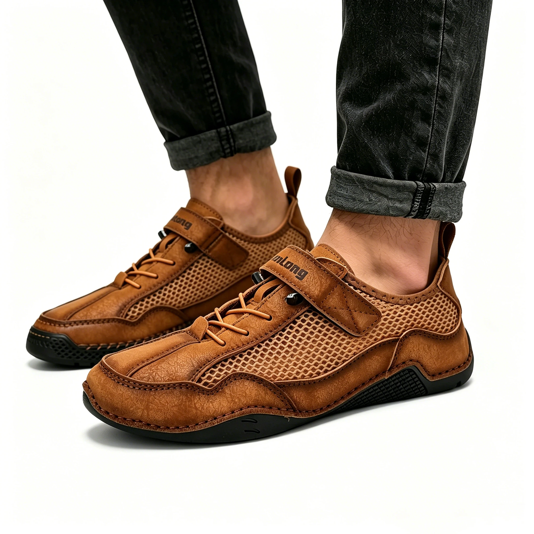 Tan Mesh-Leather - Ailongcity® Quick-Adjust Outdoor Sneakers: Breathable Innovation for Active Summers