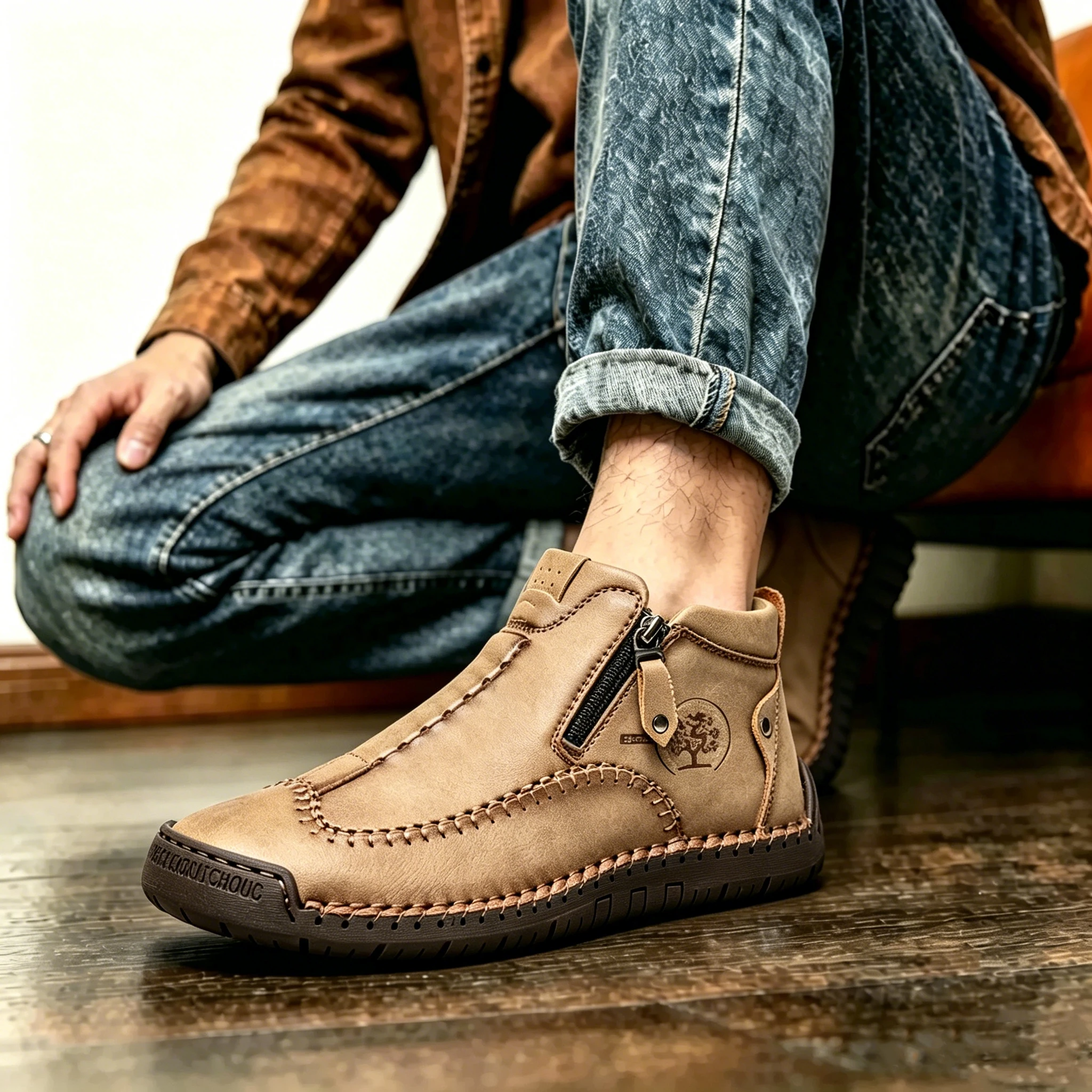 Tan Artisan - Ailongcity® Zippered Ankle Boots: Handcrafted Style with Functional Ease