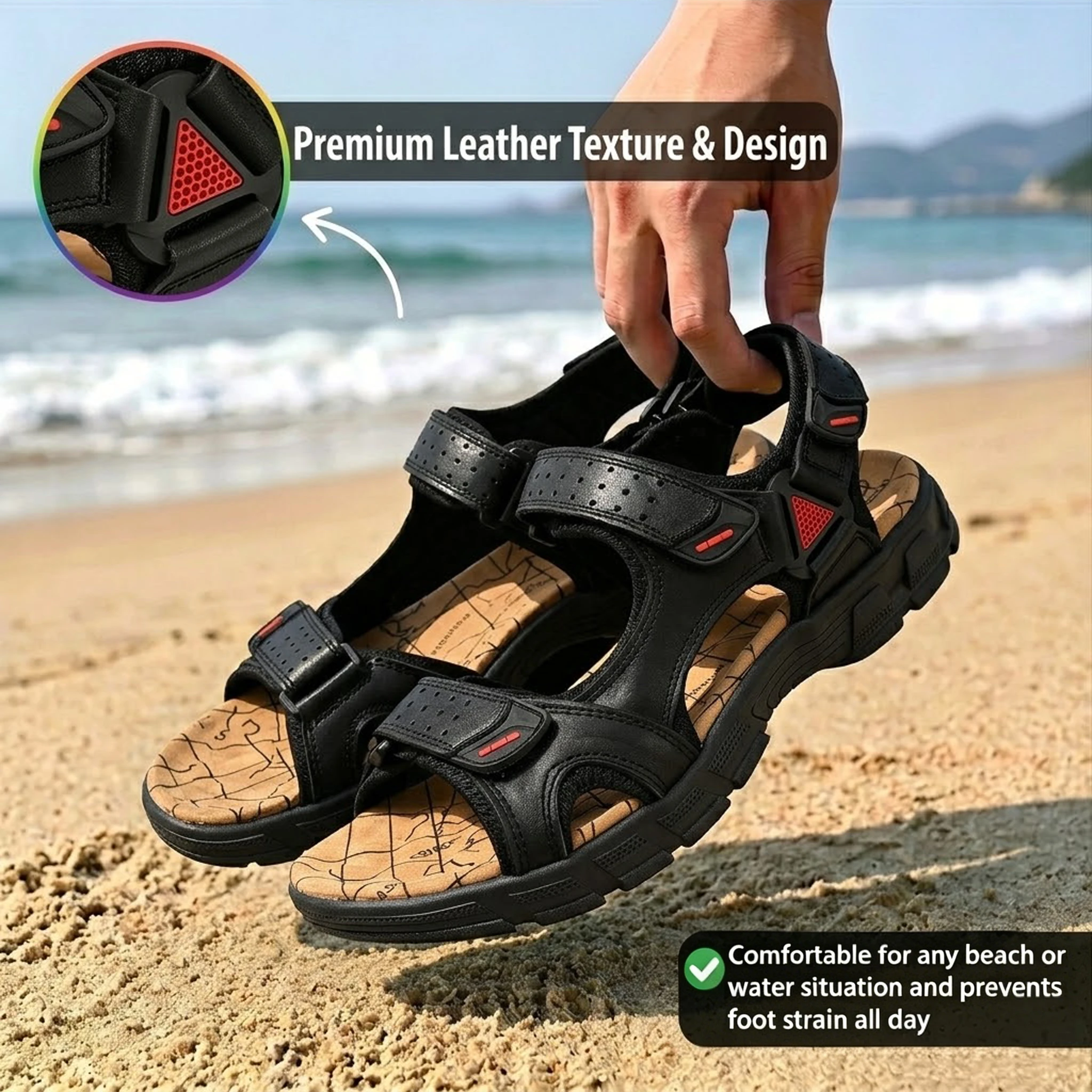 New Arrival – Ailongcity® Men‘s Breathable Top-Grain Leather Beach Sandals, Casual Slip-On for Summer Comfort