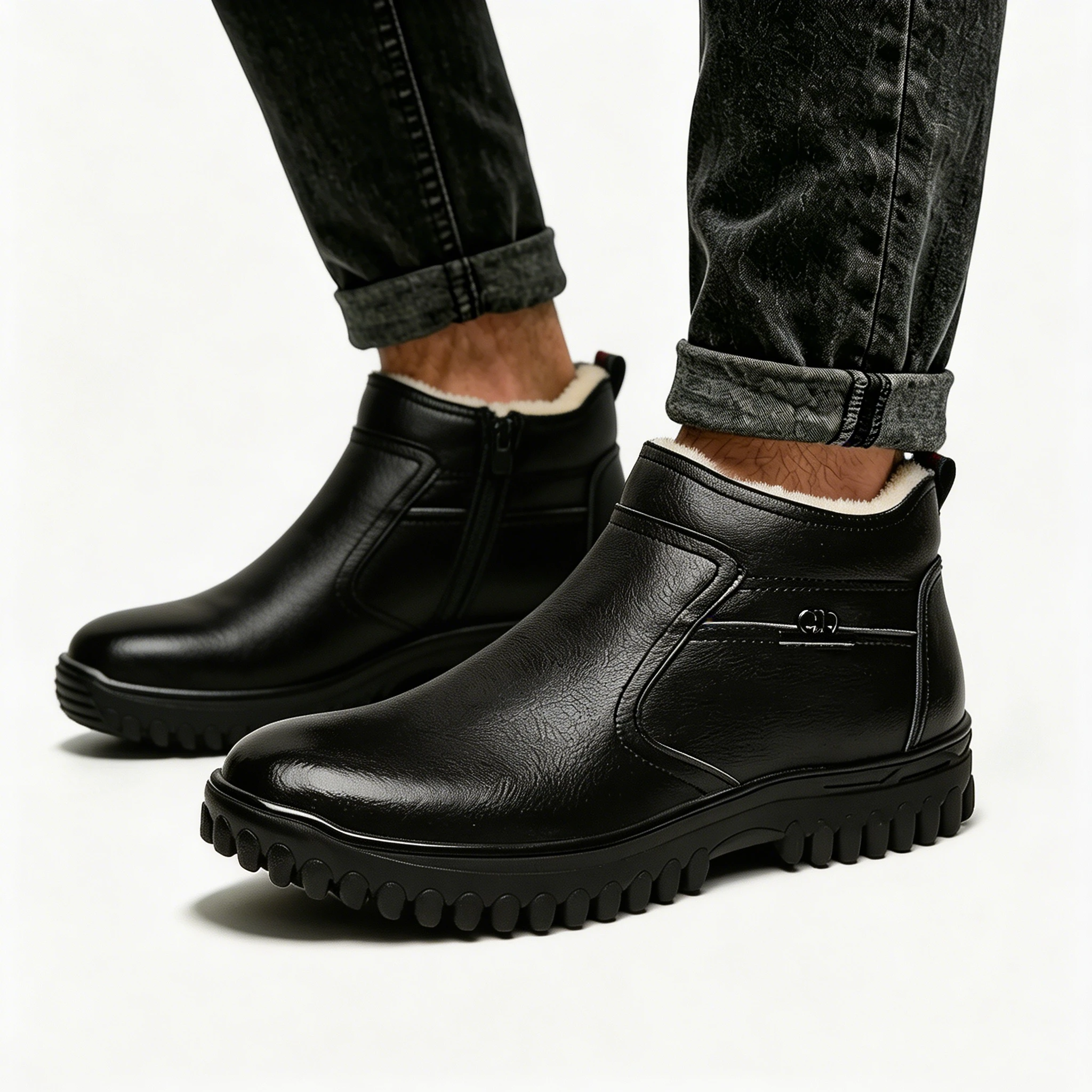 Black Leather - Ailongcity® Shearling-Lined Winter Ankle Boots: Polished Warmth with Rugged Traction for Winter Elegance