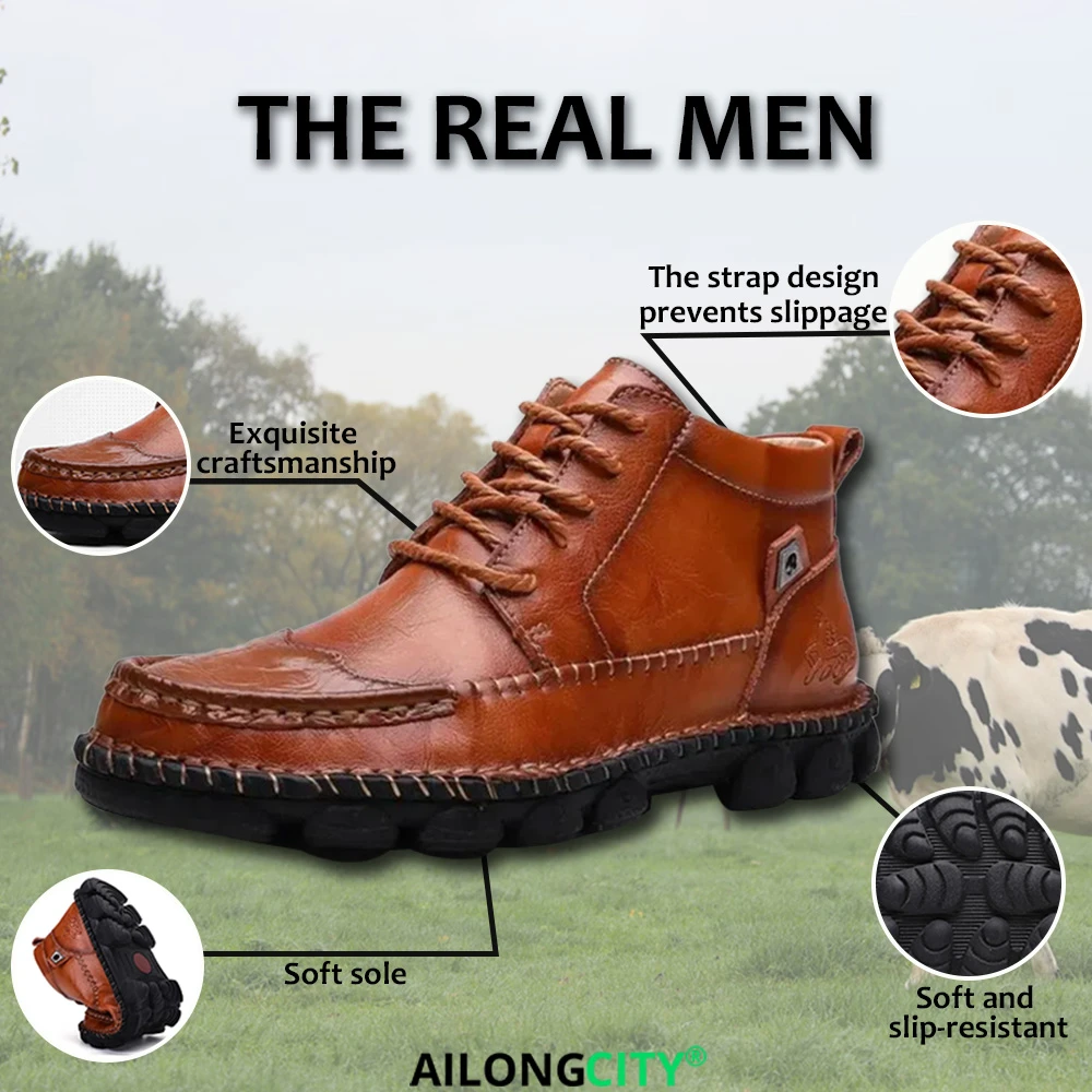 Tan Crafted - Ailongcity® Leather Lace-Up Ankle Boots Artisan Style Meets Durable Comfort