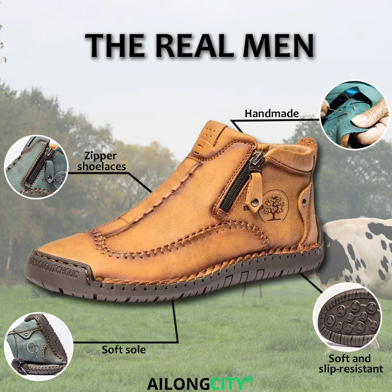 Tan Artisan - Ailongcity® Zippered Ankle Boots: Handcrafted Style with Functional Ease