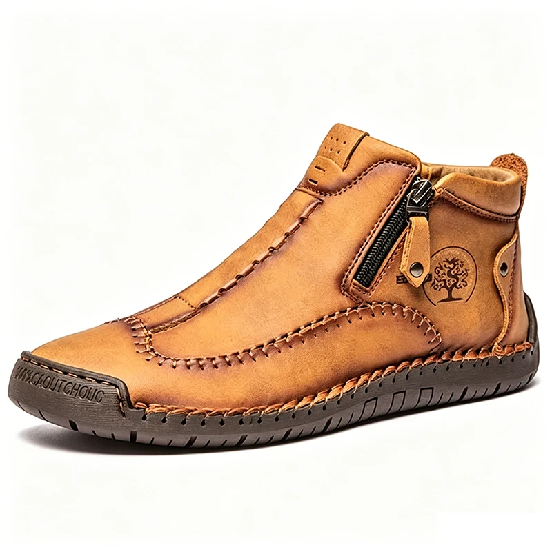 Tan Artisan - Ailongcity® Zippered Ankle Boots: Handcrafted Style with Functional Ease