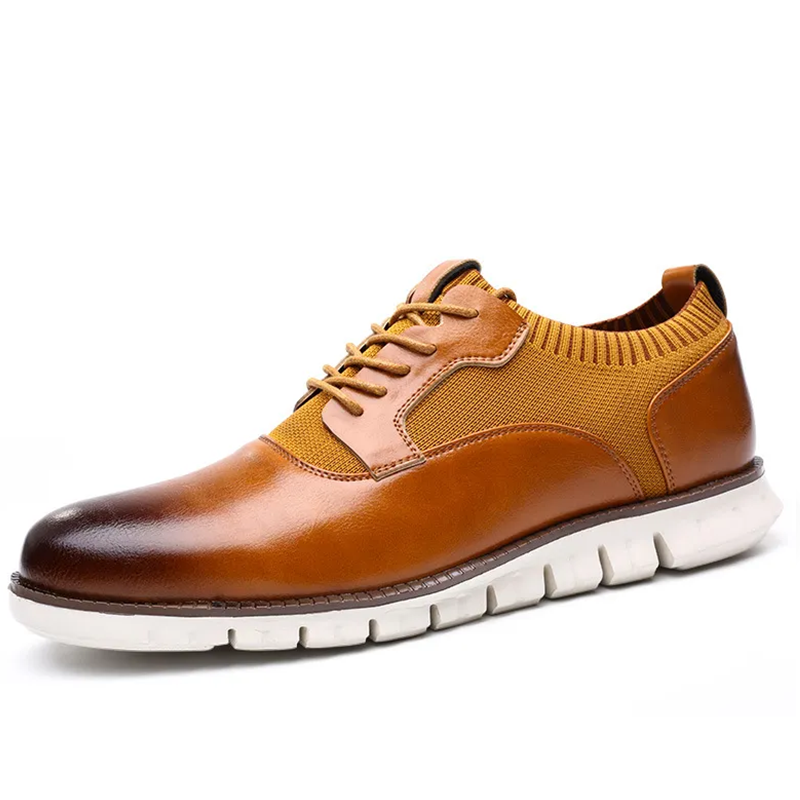 Tan Knit-Leather Hybrid Dress Sneakers: Sophistication Meets Sporty Comfort Casual Oxford Lace Up Dress Shoes