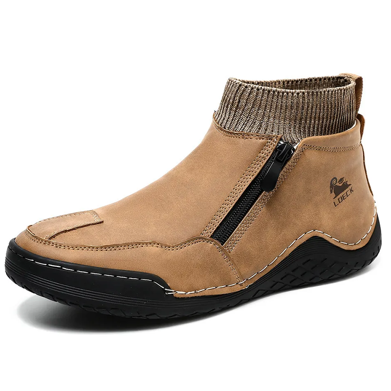 Tan Leather Knit-Collar - Ailongcity® Zip-Up Ankle Boots: Fusion of Style and Comfort with Rugged Traction for Urban Explorers