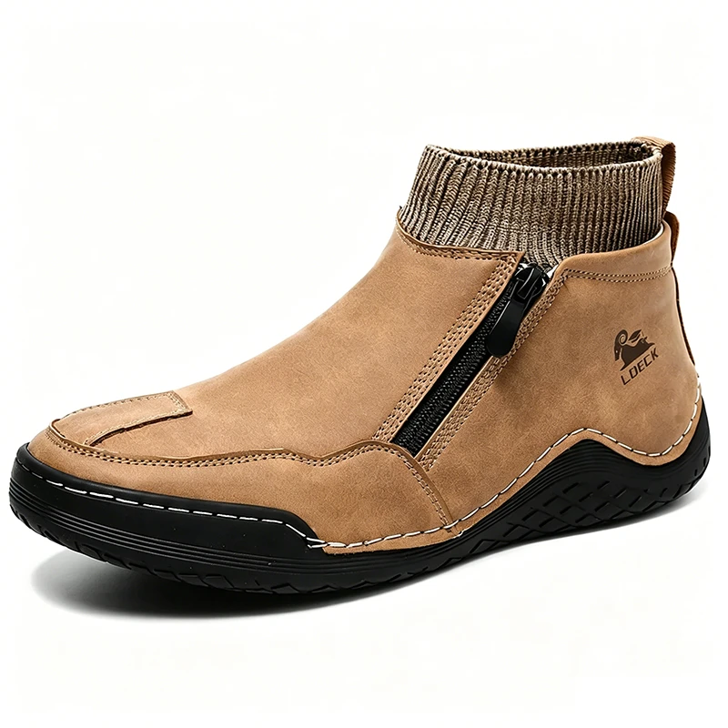 Tan Leather Knit-Collar - Ailongcity® Zip-Up Ankle Boots: Fusion of Style and Comfort with Rugged Traction for Urban Explorers