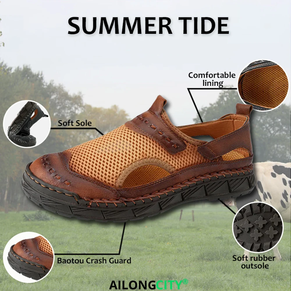 Tan Mesh-Leather Hybrid - Ailongcity® Outdoor Sandals: Breathable Craftsmanship for Summer Adventures