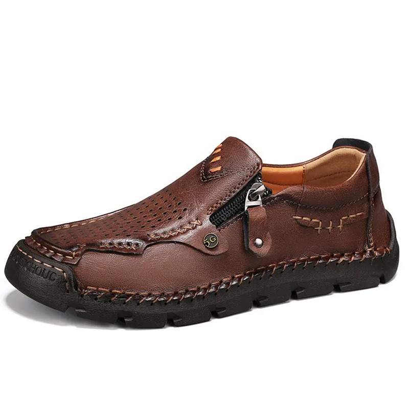 Brown Perforated Zippered - Ailongcity® Casual Leather Shoes Artisan Craftsmanship with Breathable Effortless Style