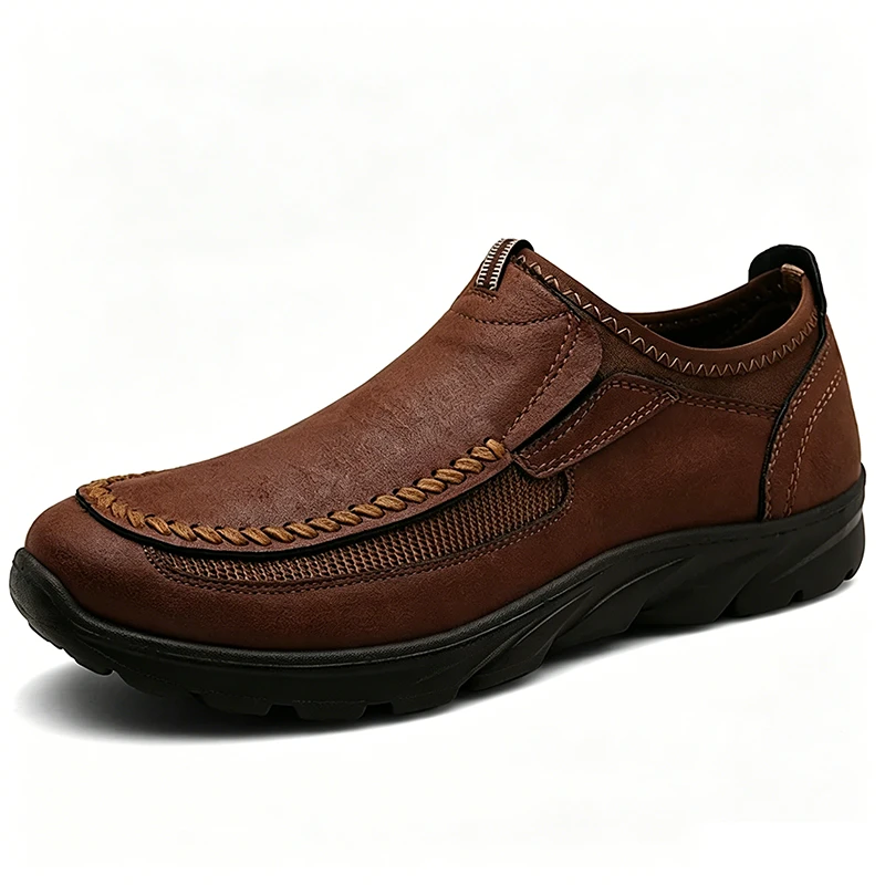Tan Woven Accent - Ailongcity® Slip-On Casual Leather Shoes: Artisan Stitching with All-Day Comfort for Leisure Explorers