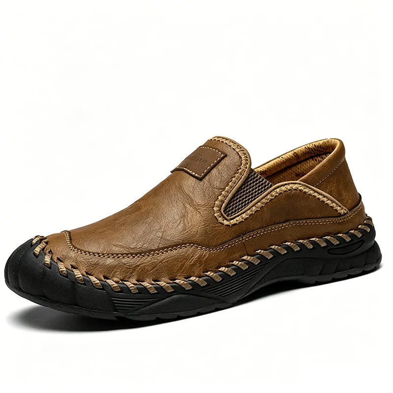 Tan Leather Hand-Stitched - Ailongcity® Slip-On Casual Shoes: Artisan Craftsmanship with Rugged Comfort for Everyday and Outdoor Wear