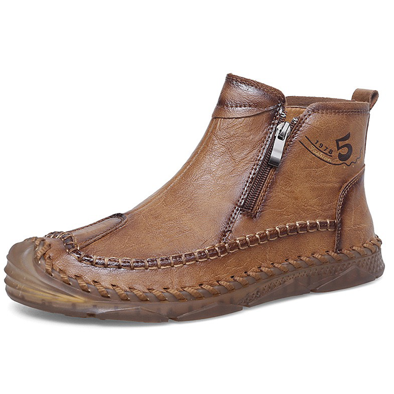 Tan Leather Hand-Stitched - Ailongcity® Zip-Up Ankle Boots: Artisan Craftsmanship with Timeless Style for Urban and Outdoor Explorations