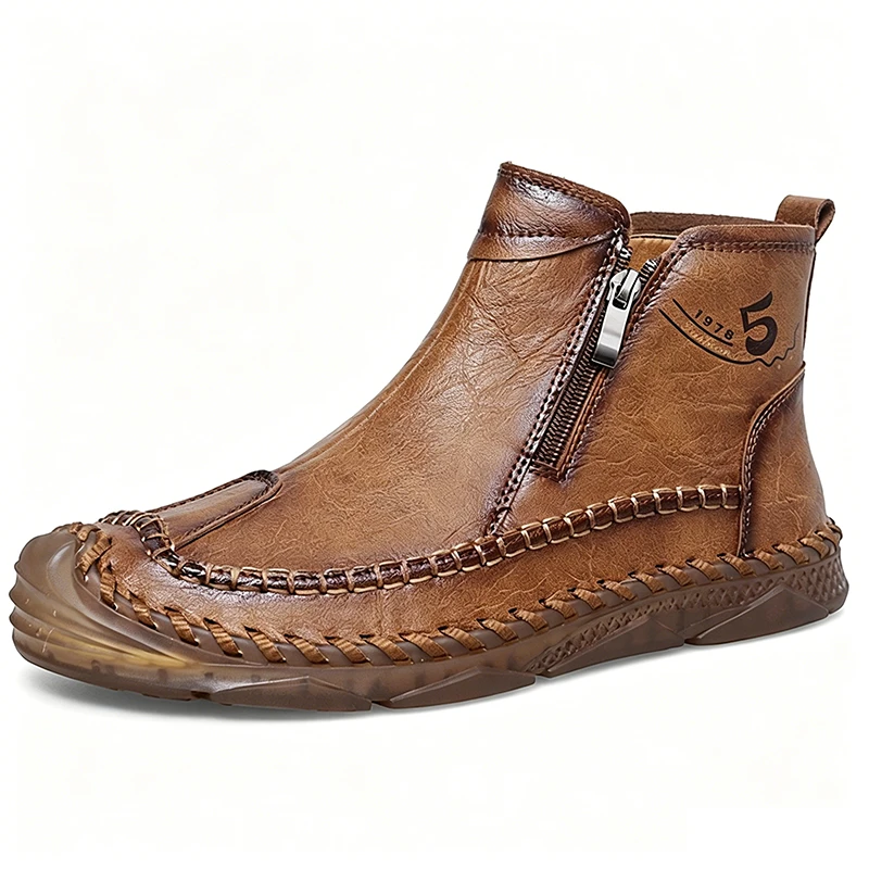 Tan Leather Hand-Stitched - Ailongcity® Zip-Up Ankle Boots: Artisan Craftsmanship with Timeless Style for Urban and Outdoor Explorations