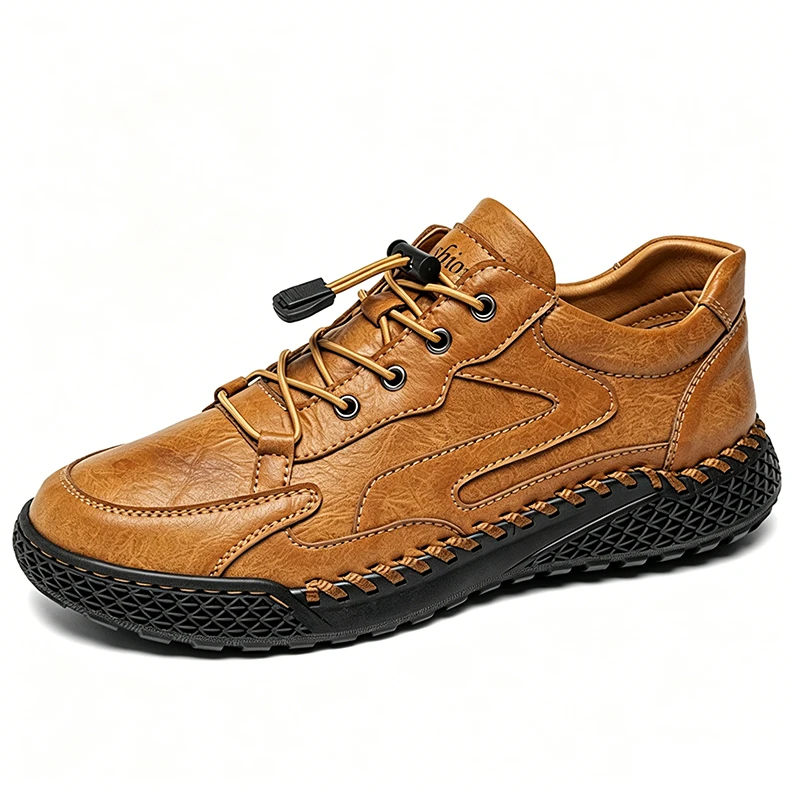 Rugged - Ailongcity®Tan Leather Lace-Up Casual Shoes Rugged Style with Secure Fit for Everyday and Outdoor Explorations