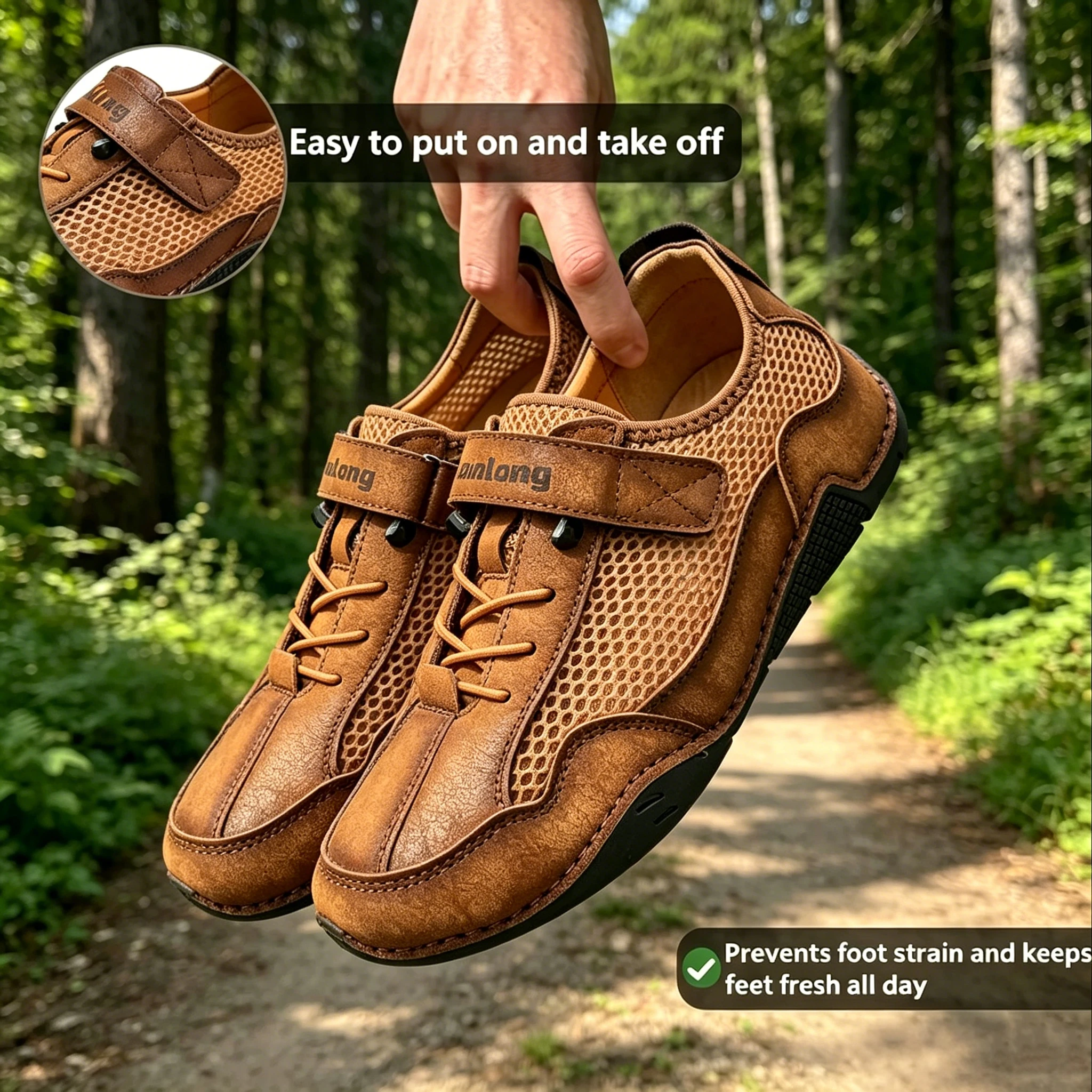 Tan Mesh-Leather - Ailongcity® Quick-Adjust Outdoor Sneakers: Breathable Innovation for Active Summers