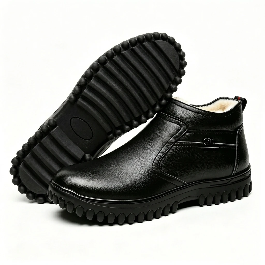 Black Leather - Ailongcity® Shearling-Lined Winter Ankle Boots: Polished Warmth with Rugged Traction for Winter Elegance