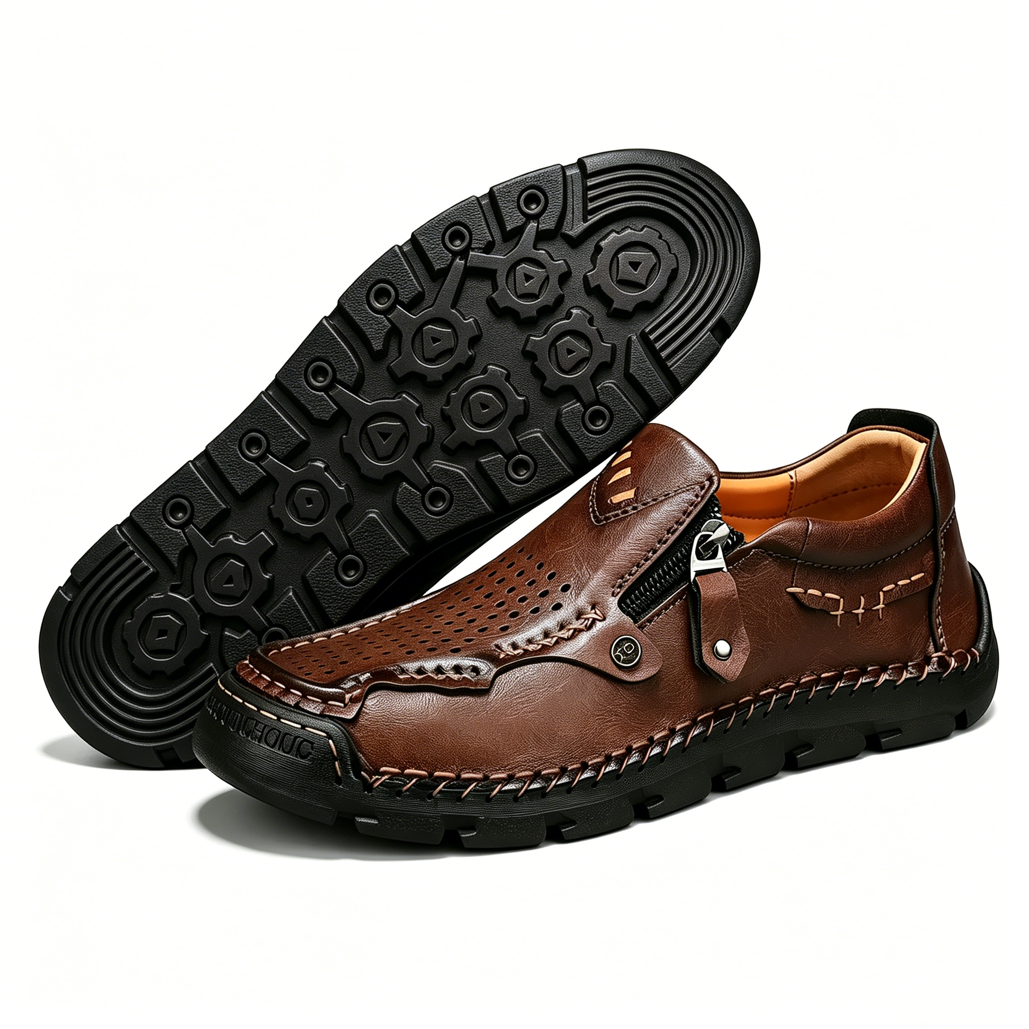 Brown Perforated Zippered - Ailongcity® Casual Leather Shoes Artisan Craftsmanship with Breathable Effortless Style