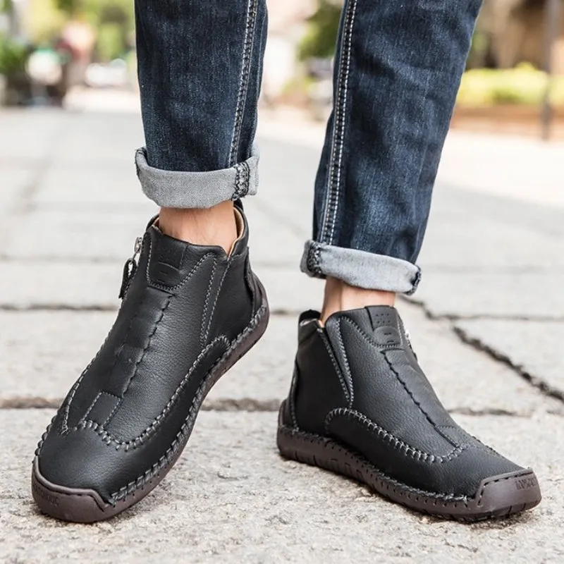 Zipper Plush Ankle Leather Orthopedic Shoes For Men Nonslip Boots