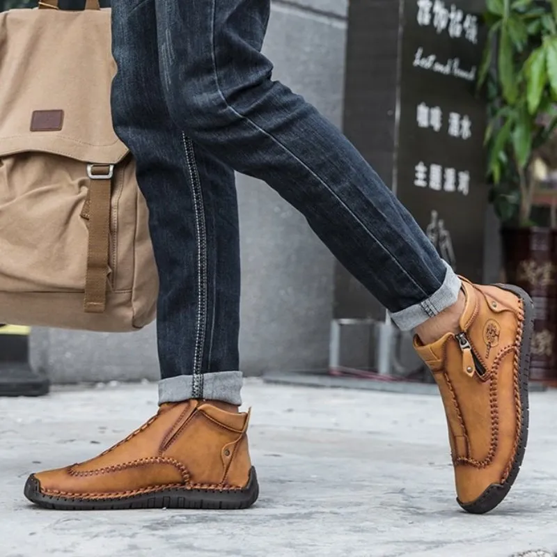 Zipper Plush Ankle Leather Orthopedic Shoes For Men Nonslip Boots